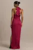 Lynette | Burgundy Satin Plunge-Neck Asymmetric Maxi Dress sold by Club L London