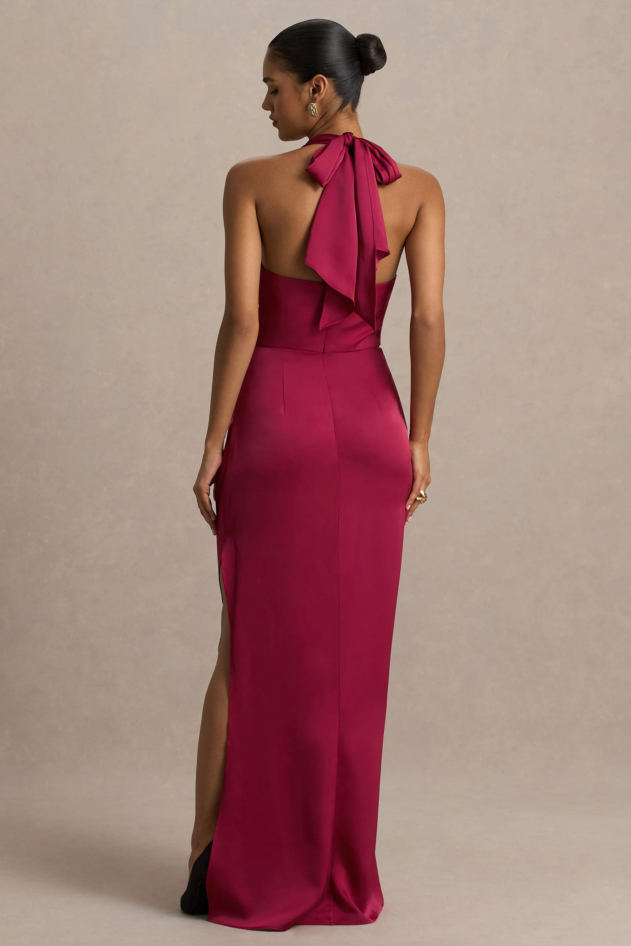 Lynette | Burgundy Satin Plunge-Neck Asymmetric Maxi Dress sold by Club L London product image thumbnail 2