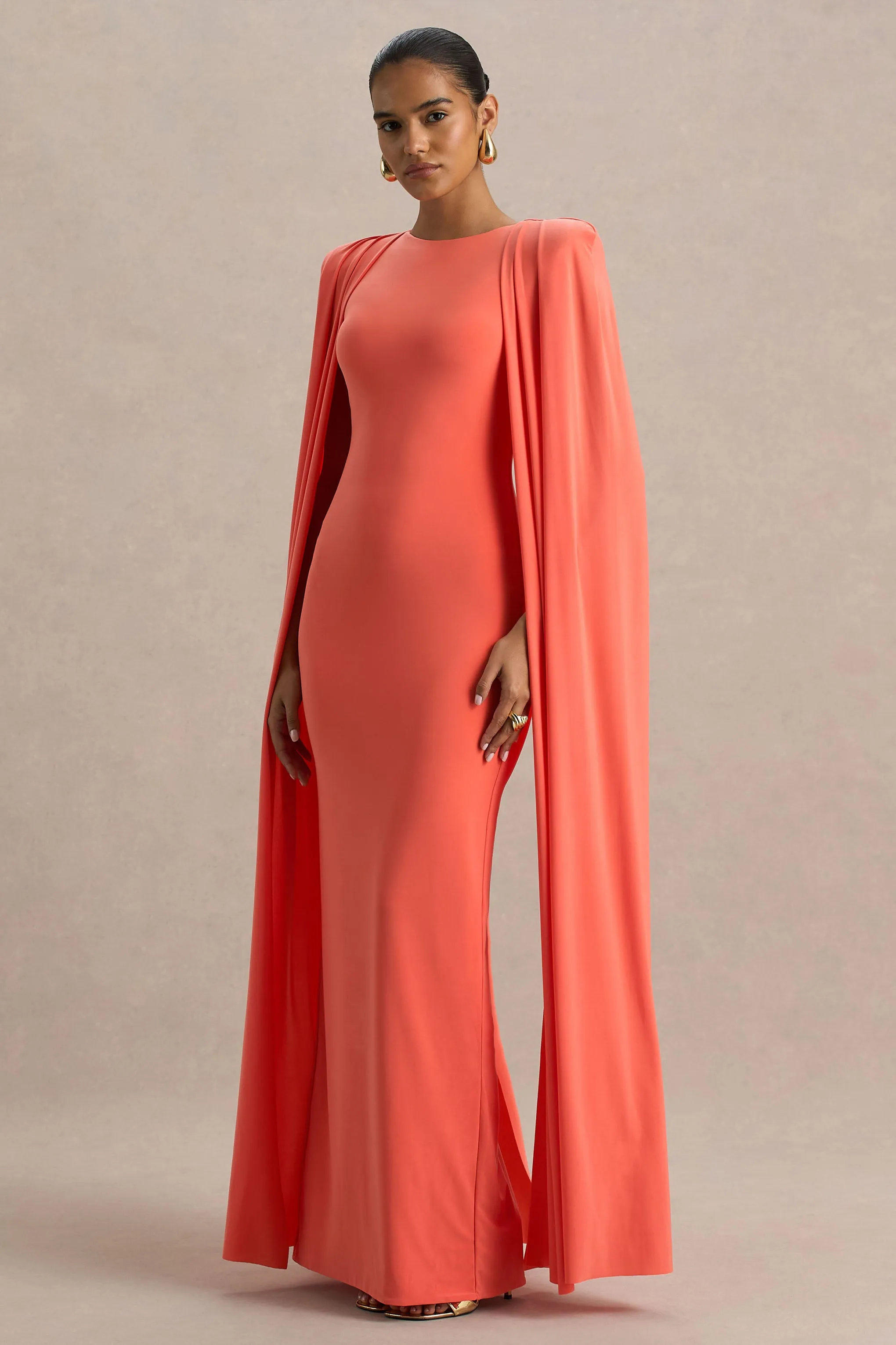 Mimi | Coral High-Neck Maxi Dress With Cape Sleeve Detail sold by Club L London product image thumbnail 5