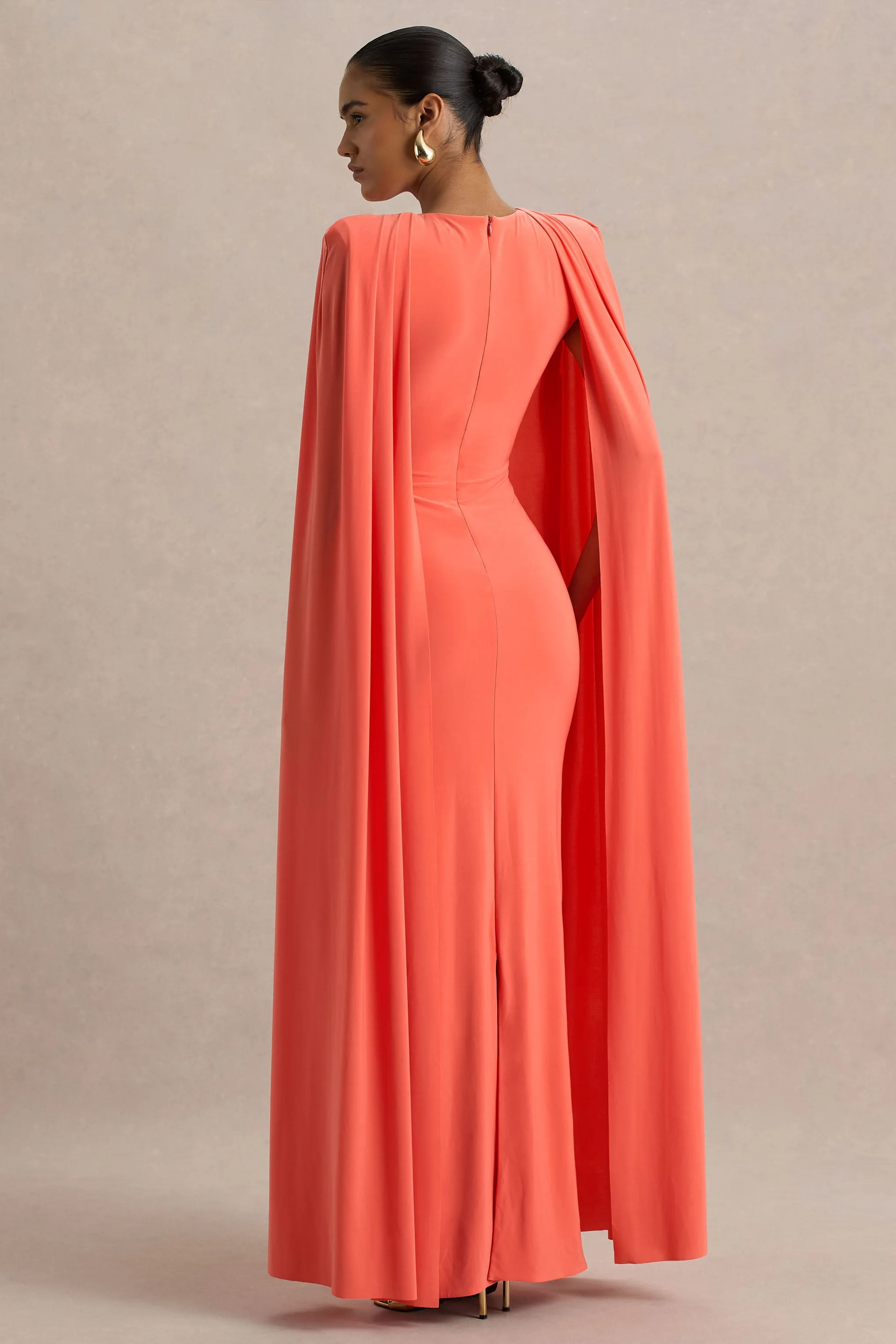 Mimi | Coral High-Neck Maxi Dress With Cape Sleeve Detail sold by Club L London product image thumbnail 2