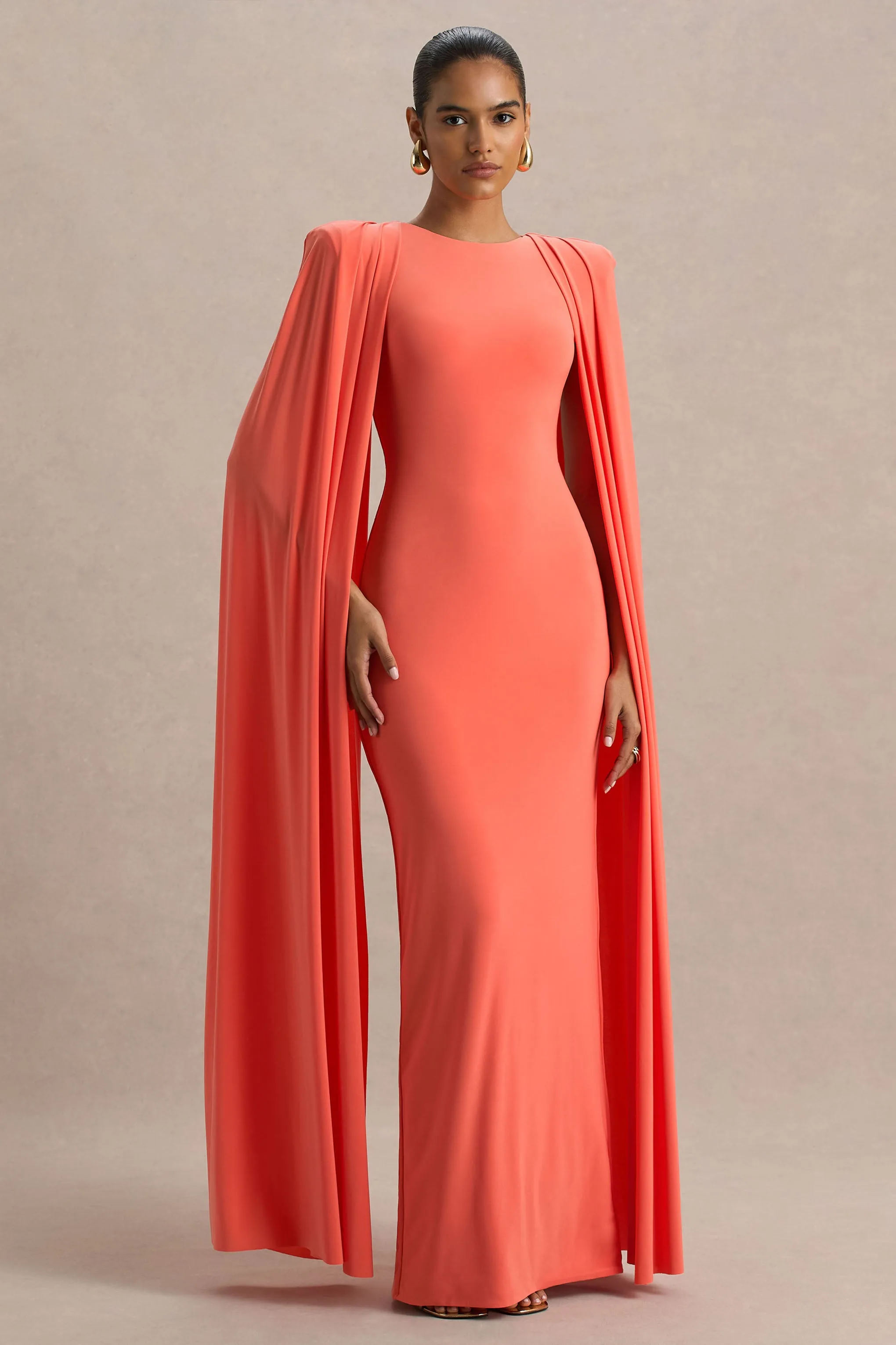 Mimi | Coral High-Neck Maxi Dress With Cape Sleeve Detail sold by Club L London product image thumbnail 4