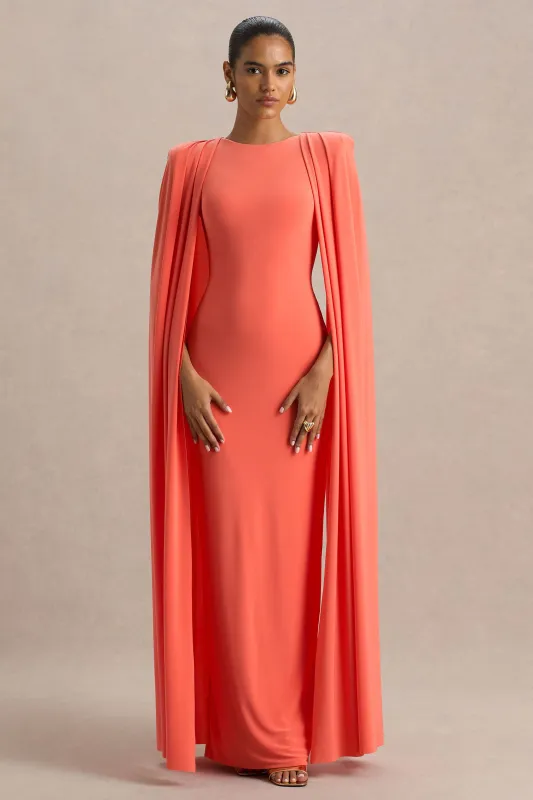 Mimi | Coral High-Neck Maxi Dress With Cape Sleeve Detail sold by Club L London