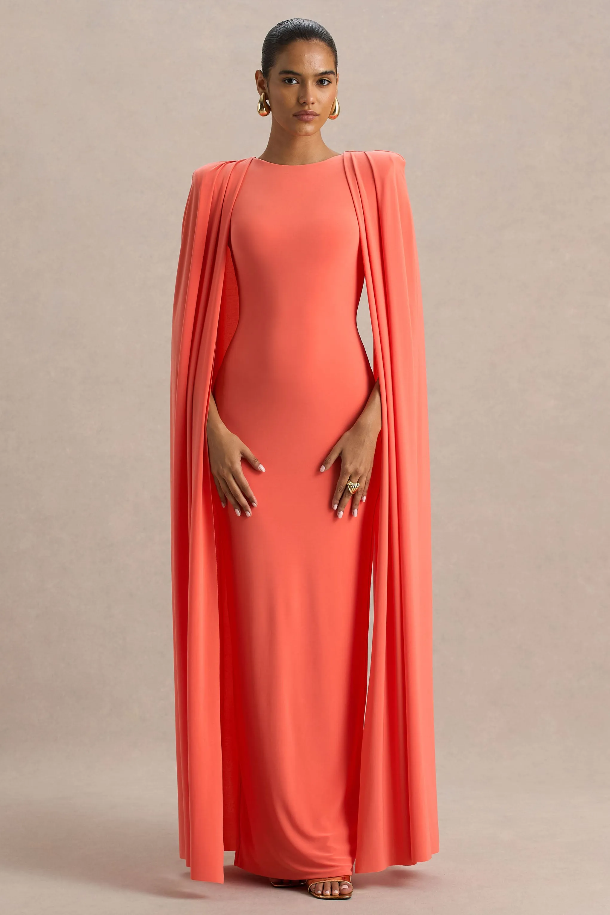 Mimi | Coral High-Neck Maxi Dress With Cape Sleeve Detail sold by Club L London
