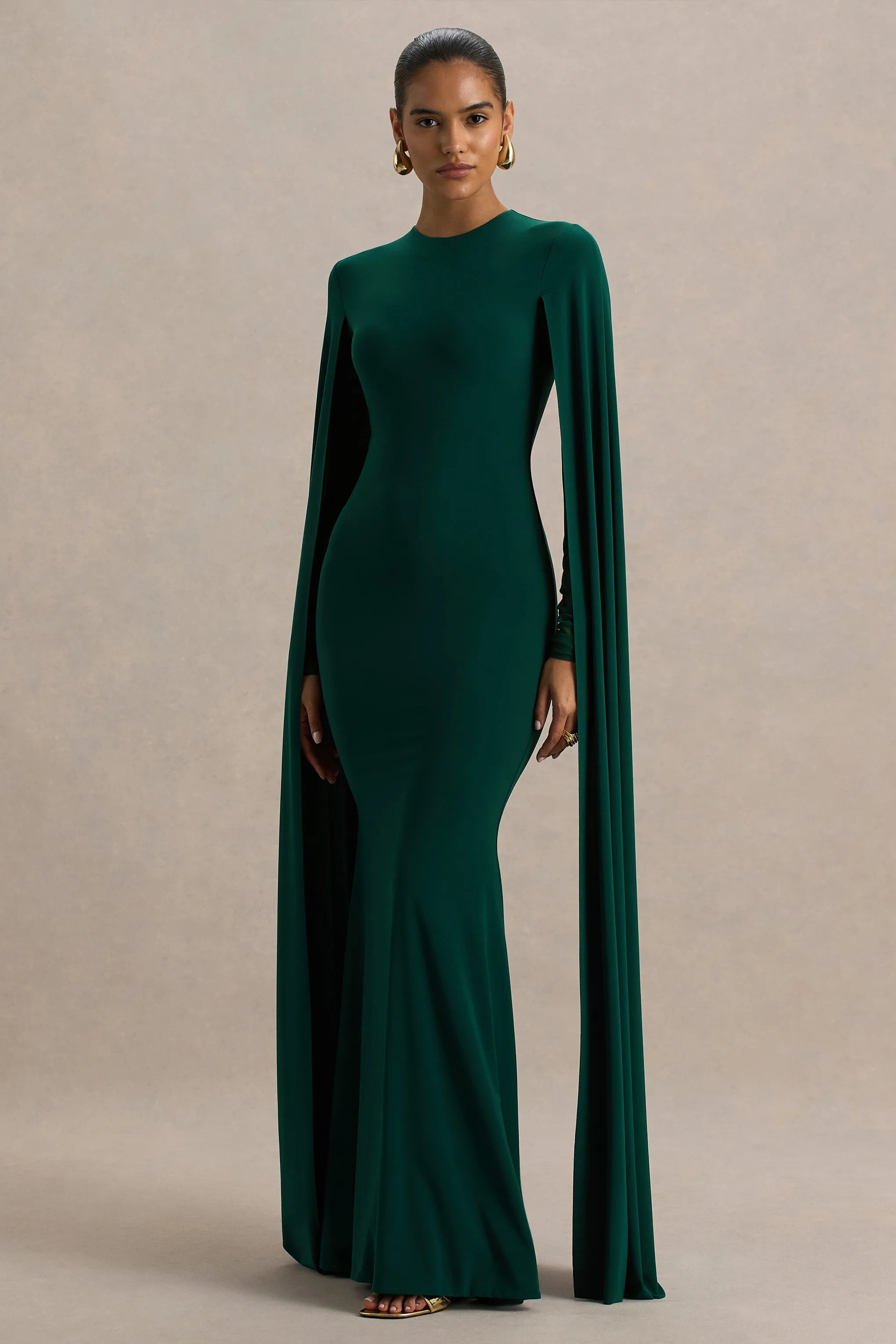 Isla | Bottle Green High-Neck Maxi Dress With Cape Sleeve sold by Club L London product image thumbnail 3
