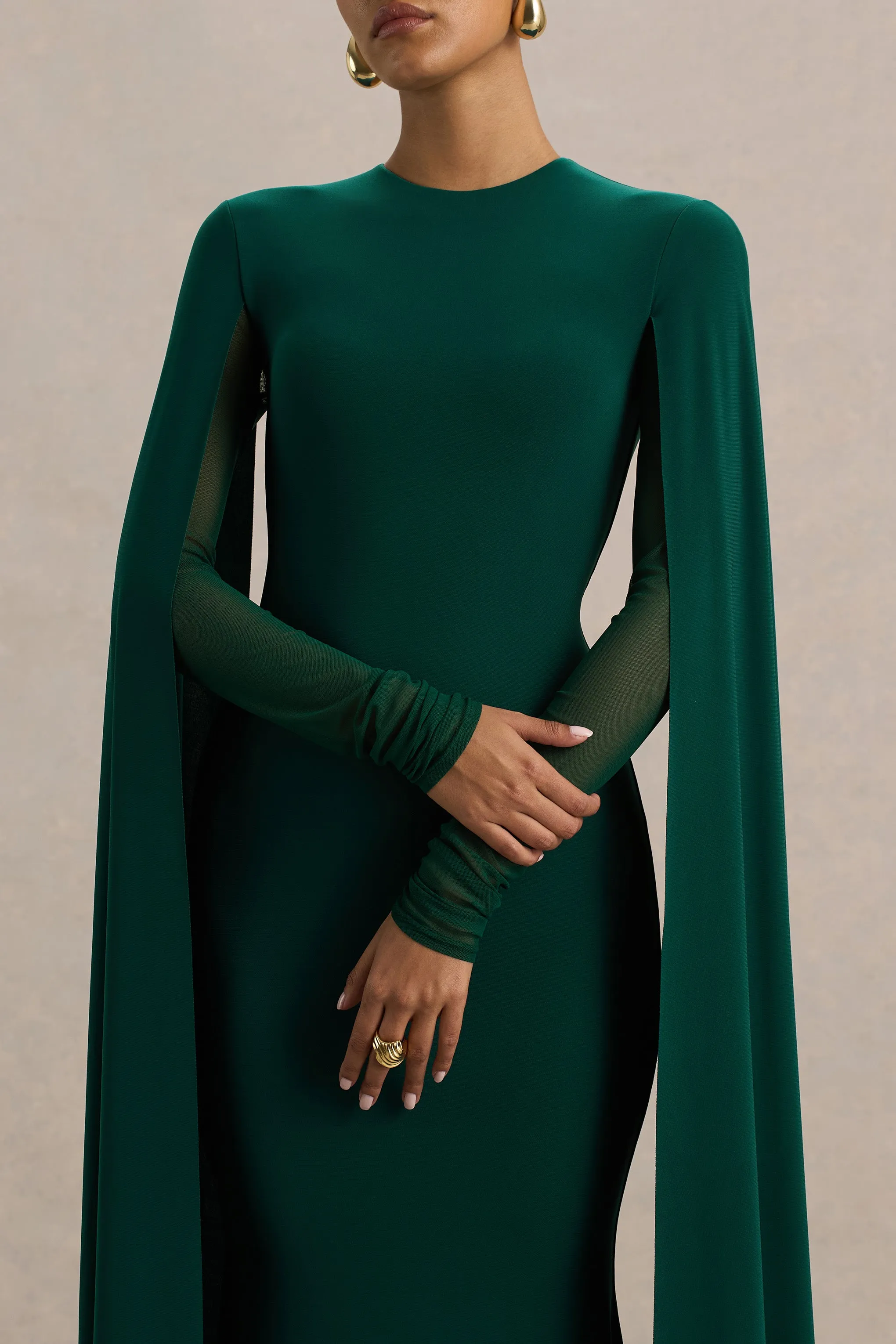 Isla | Bottle Green High-Neck Maxi Dress With Cape Sleeve sold by Club L London product image thumbnail 4