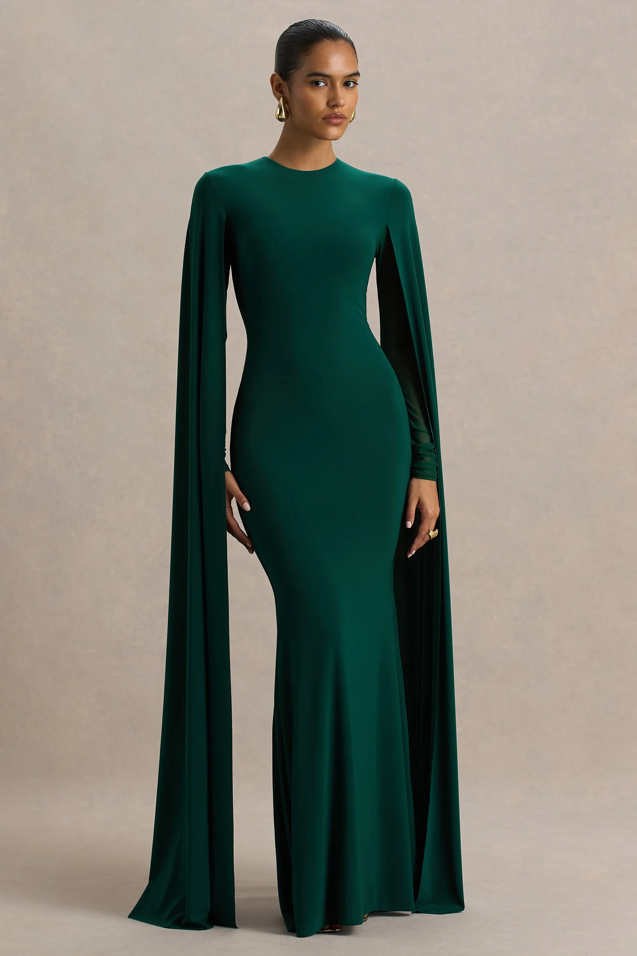 Isla | Bottle Green High-Neck Maxi Dress With Cape Sleeve sold by Club L London product image thumbnail 5