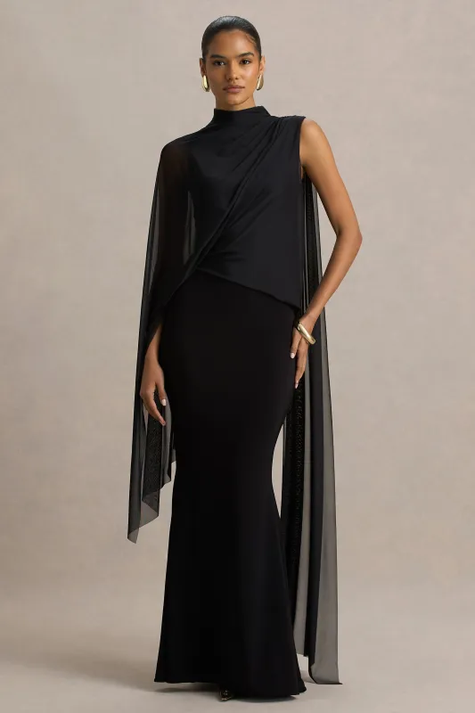 Amour | Black High-Neck Maxi Dress With Cape Sleeve Detail sold by Club L London