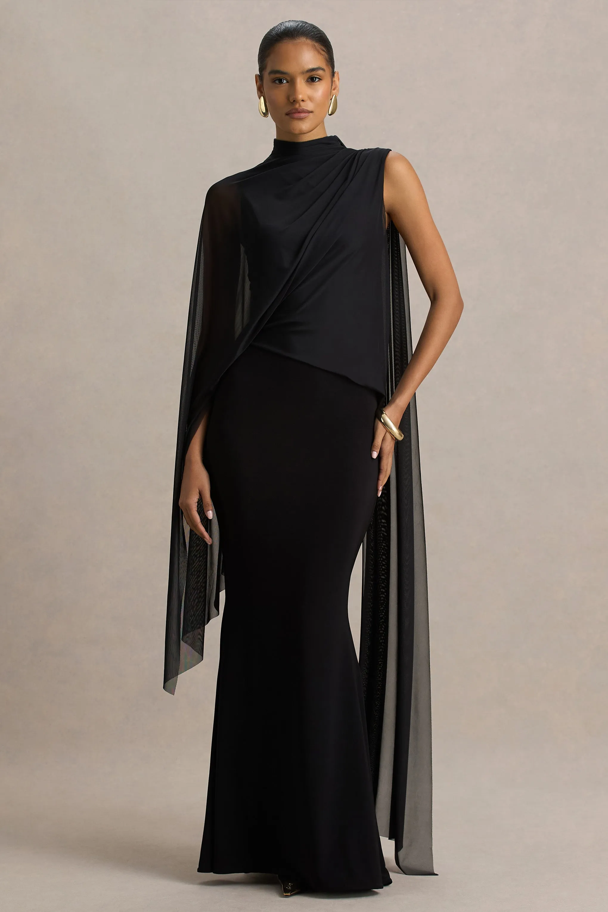 Amour | Black High-Neck Maxi Dress With Cape Sleeve Detail sold by Club L London