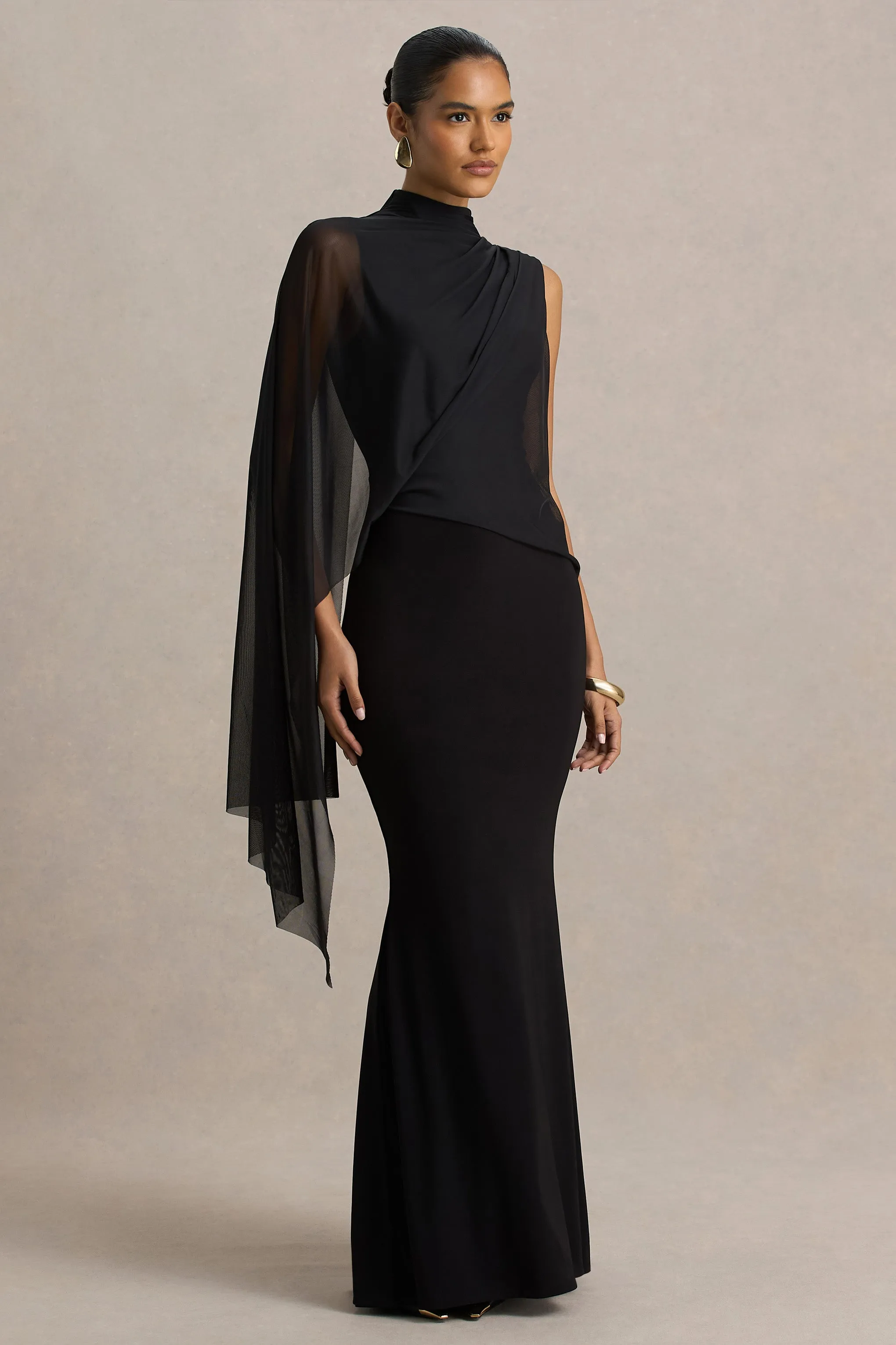 Amour | Black High-Neck Maxi Dress With Cape Sleeve Detail sold by Club L London product image thumbnail 5