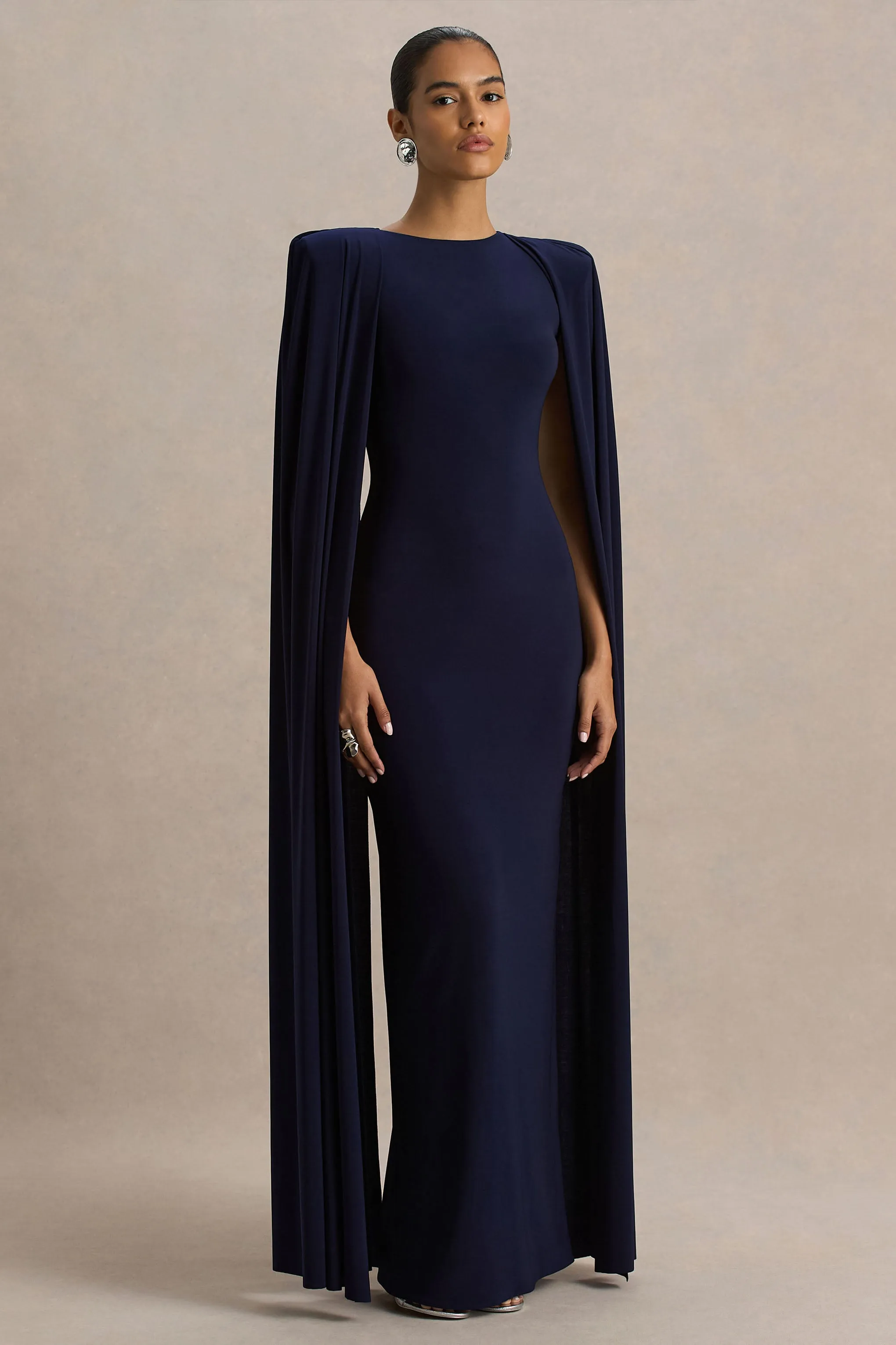 Mimi | Navy High-Neck Maxi Dress With Cape Sleeve Detail sold by Club L London product image thumbnail 5