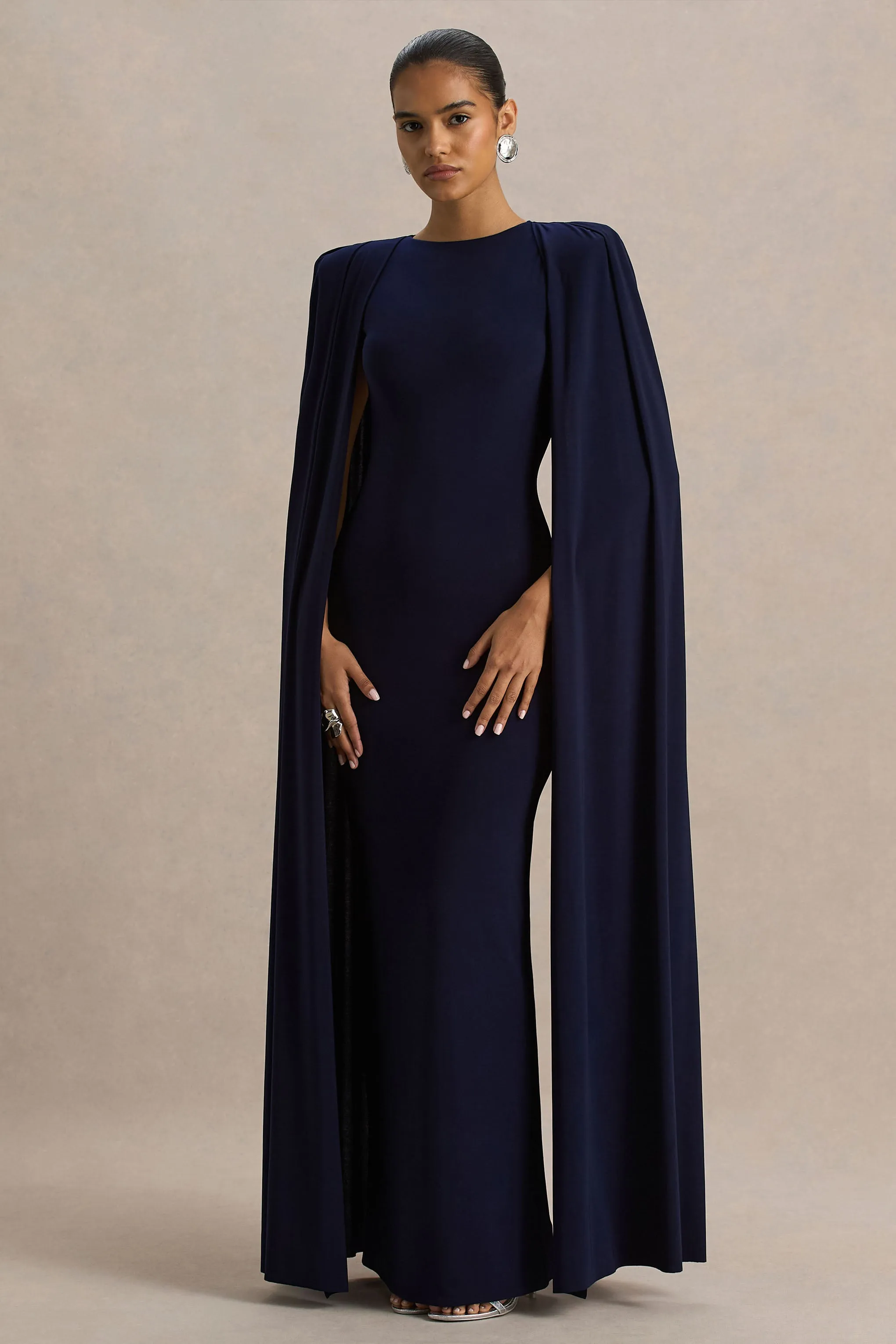 Mimi | Navy High-Neck Maxi Dress With Cape Sleeve Detail sold by Club L London product image thumbnail 4