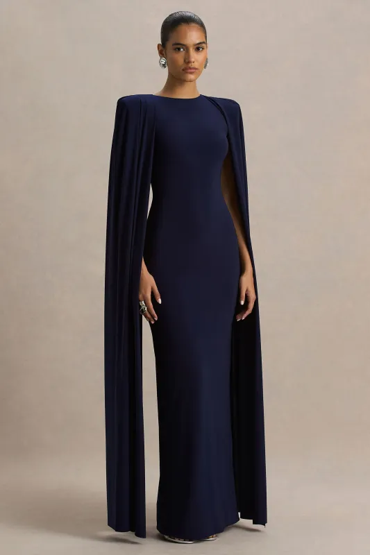 Mimi | Navy High-Neck Maxi Dress With Cape Sleeve Detail sold by Club L London