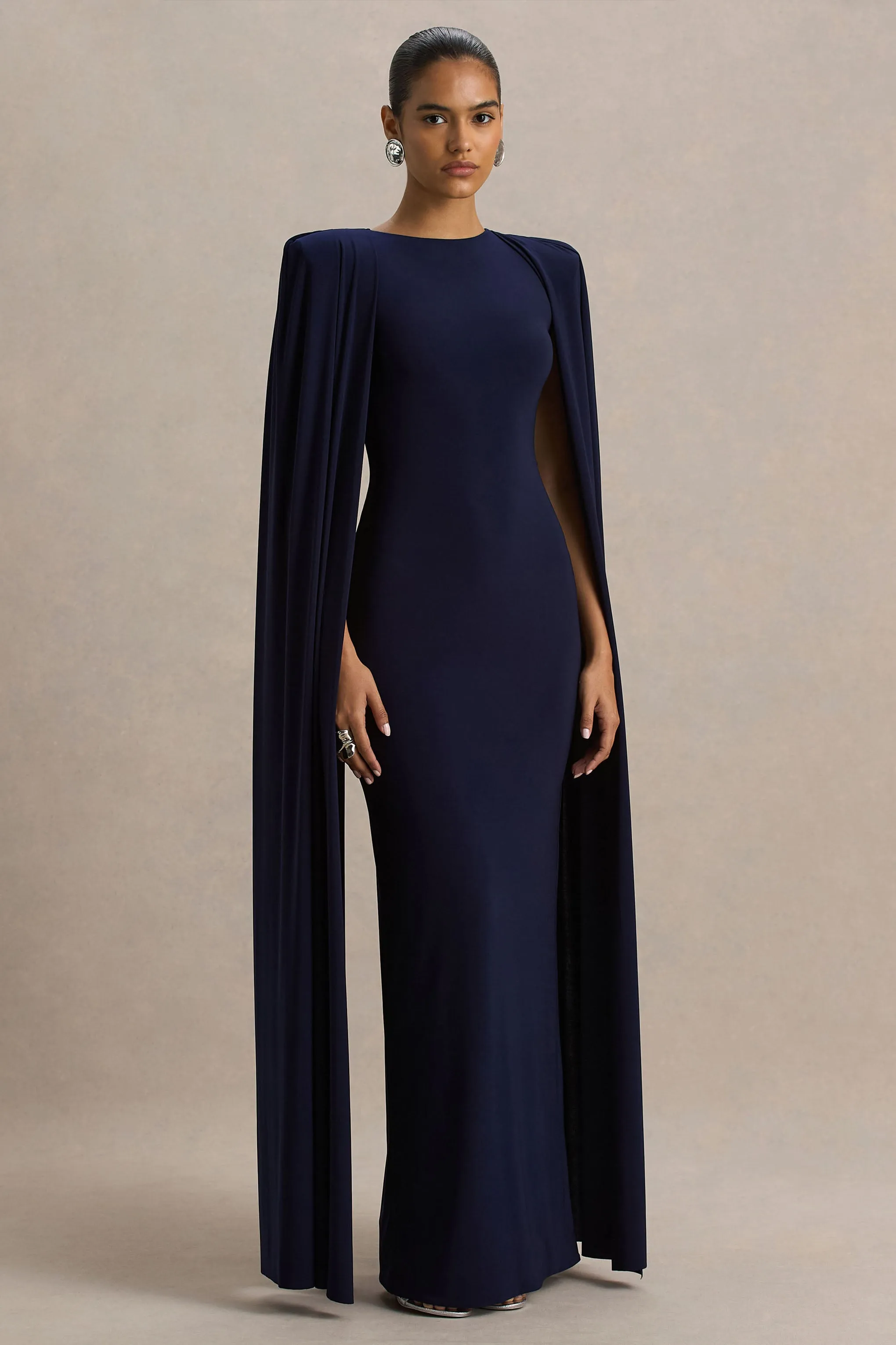 Mimi | Navy High-Neck Maxi Dress With Cape Sleeve Detail sold by Club L London