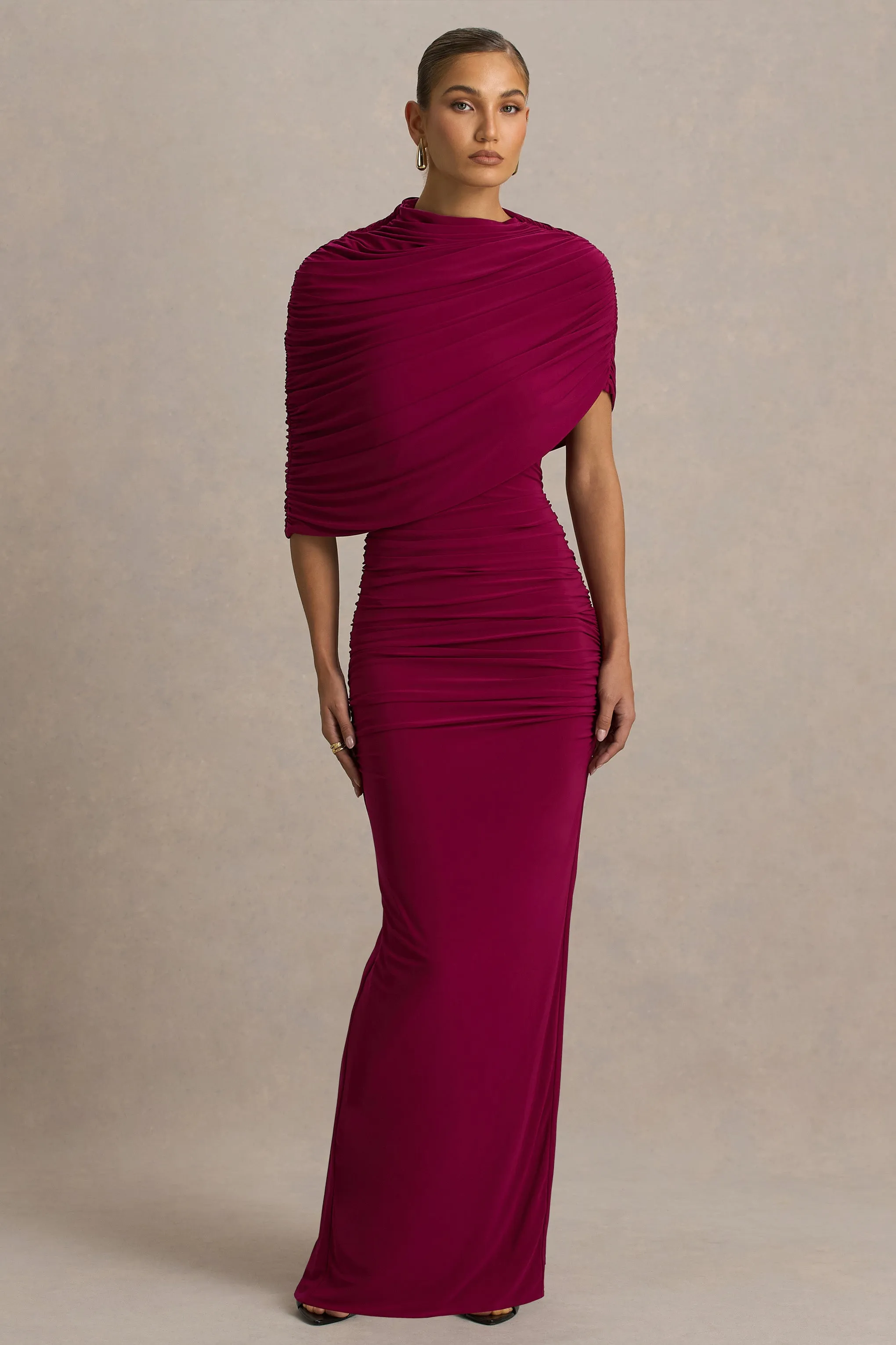 Glitz | Burgundy High-Neck Maxi Dress With Cape Sleeve and Ruched Detailing sold by Club L London product image thumbnail 3