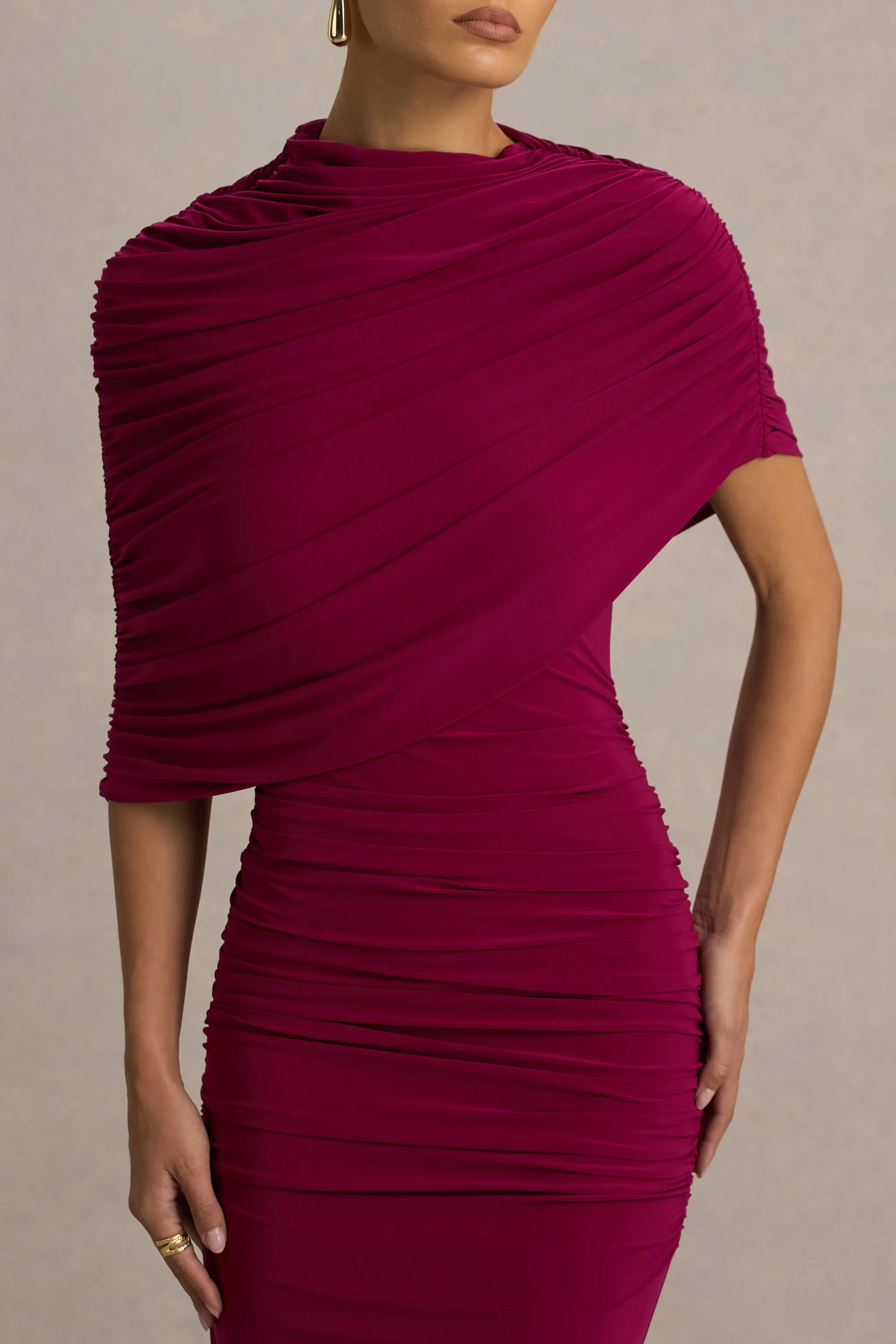 Glitz | Burgundy High-Neck Maxi Dress With Cape Sleeve and Ruched Detailing sold by Club L London product image thumbnail 4