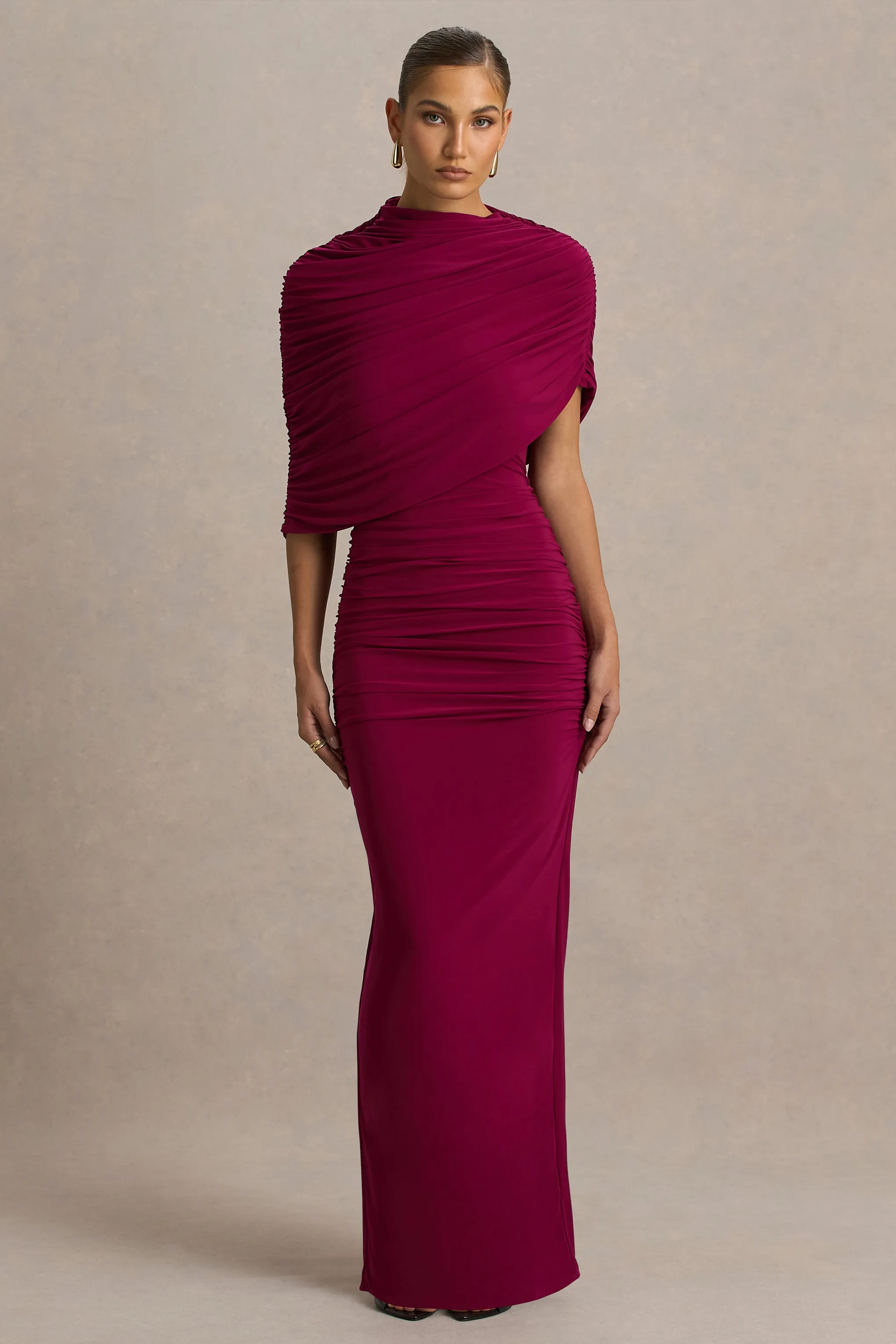 Glitz | Burgundy High-Neck Maxi Dress With Cape Sleeve and Ruched Detailing sold by Club L London
