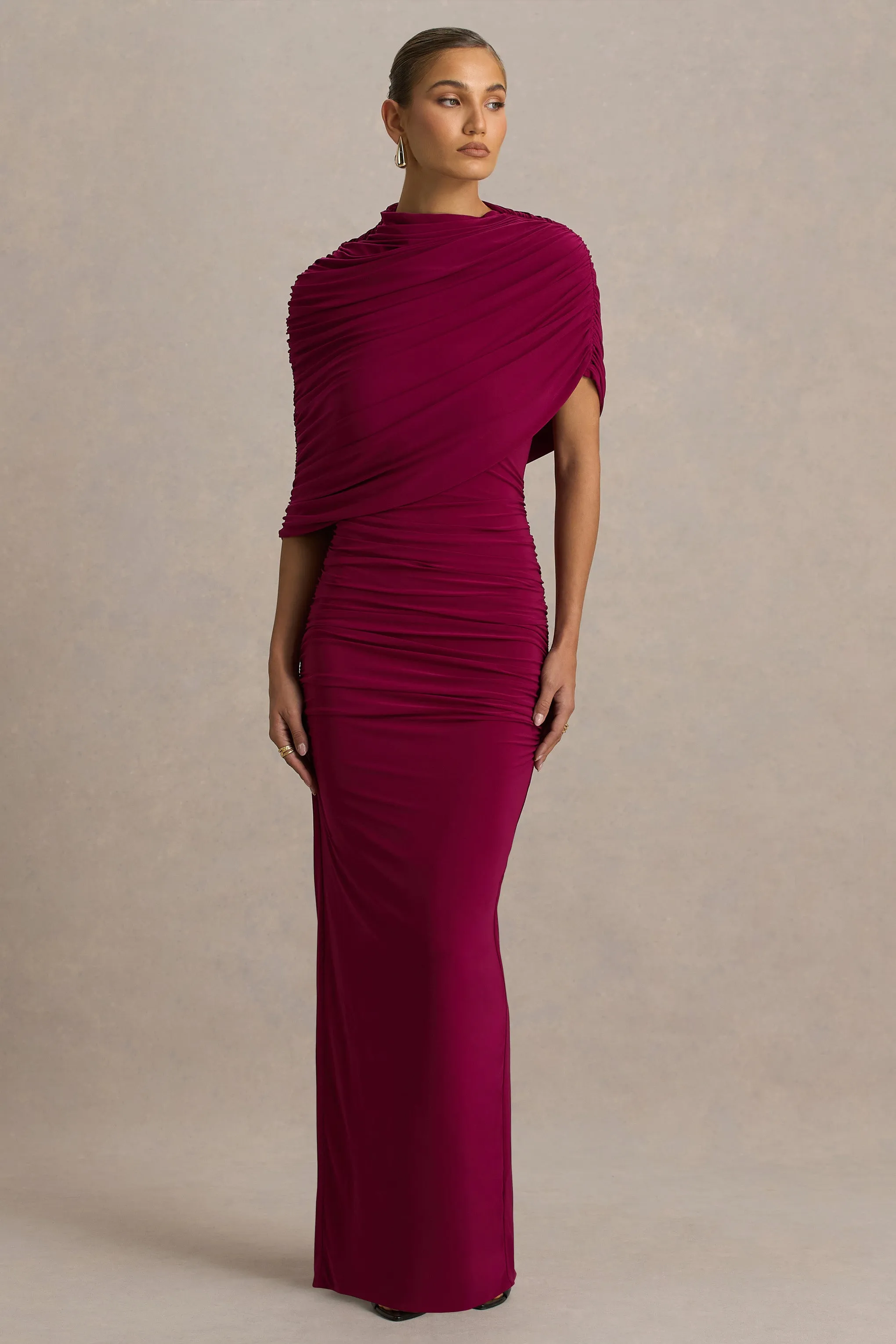 Glitz | Burgundy High-Neck Maxi Dress With Cape Sleeve and Ruched Detailing sold by Club L London product image thumbnail 5