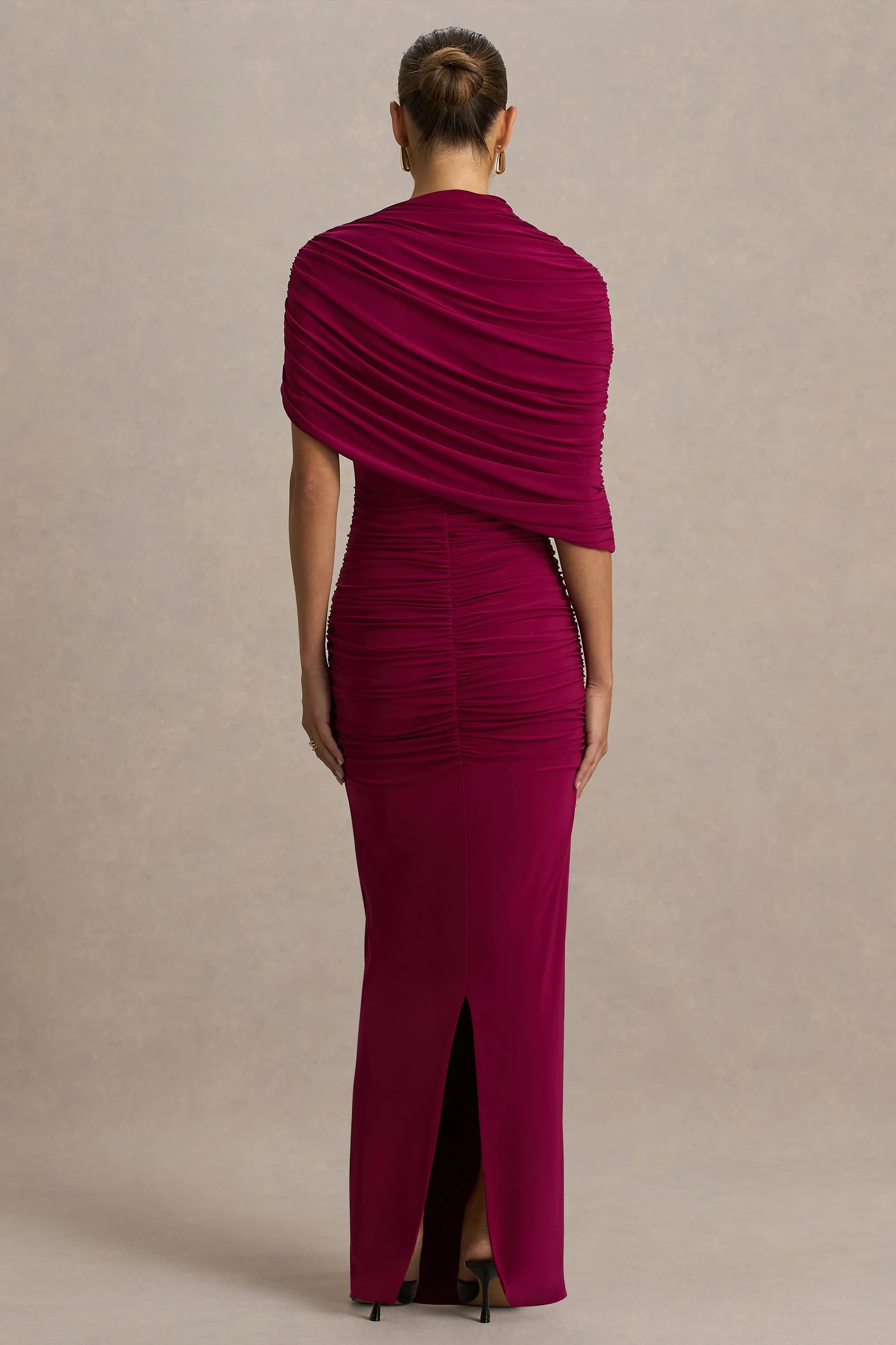 Glitz | Burgundy High-Neck Maxi Dress With Cape Sleeve and Ruched Detailing sold by Club L London product image thumbnail 2