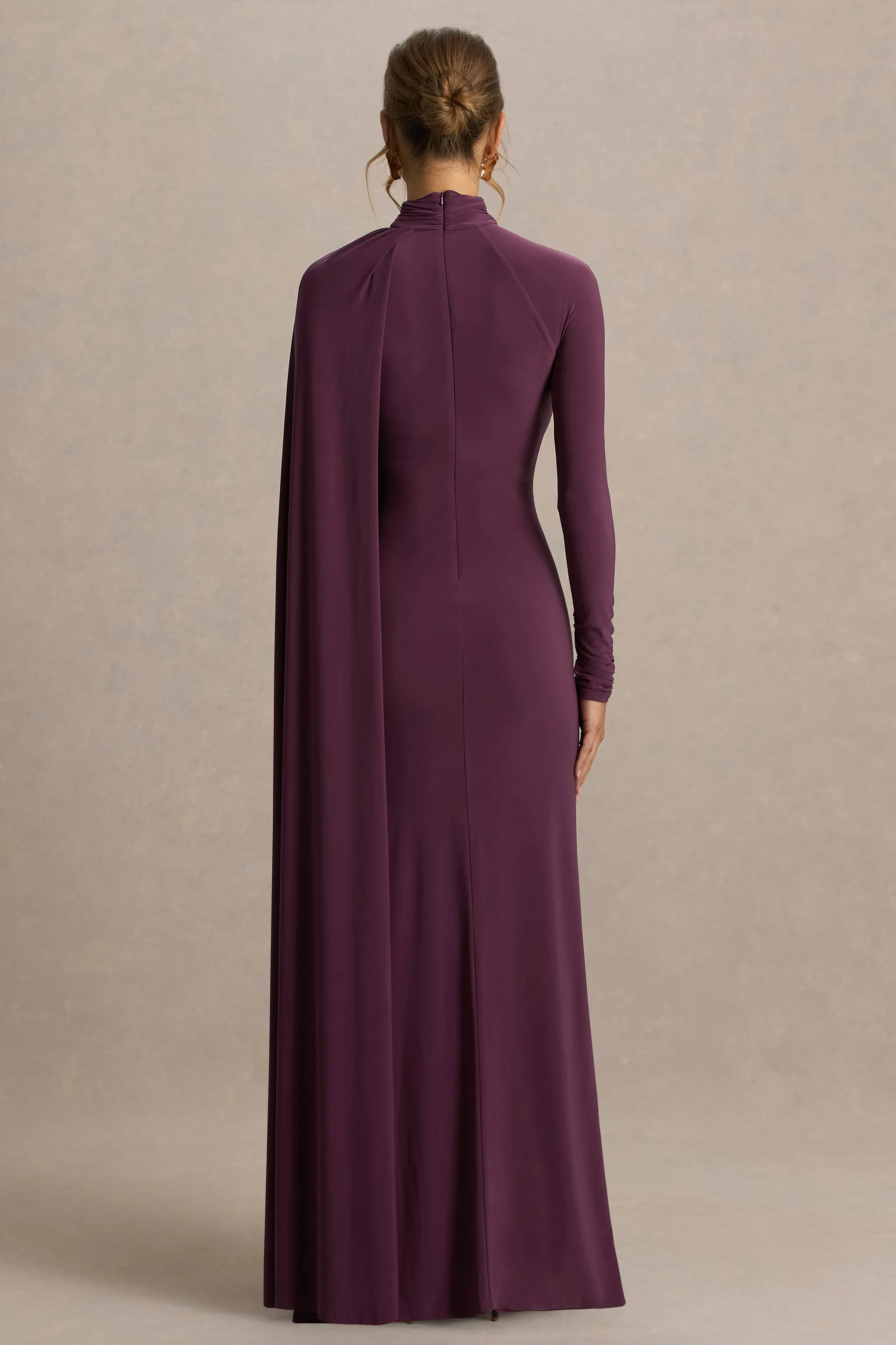 Anticipation | Burgundy High-Neck Maxi Dress With Front Split And Ruched Detailing sold by Club L London product image thumbnail 2