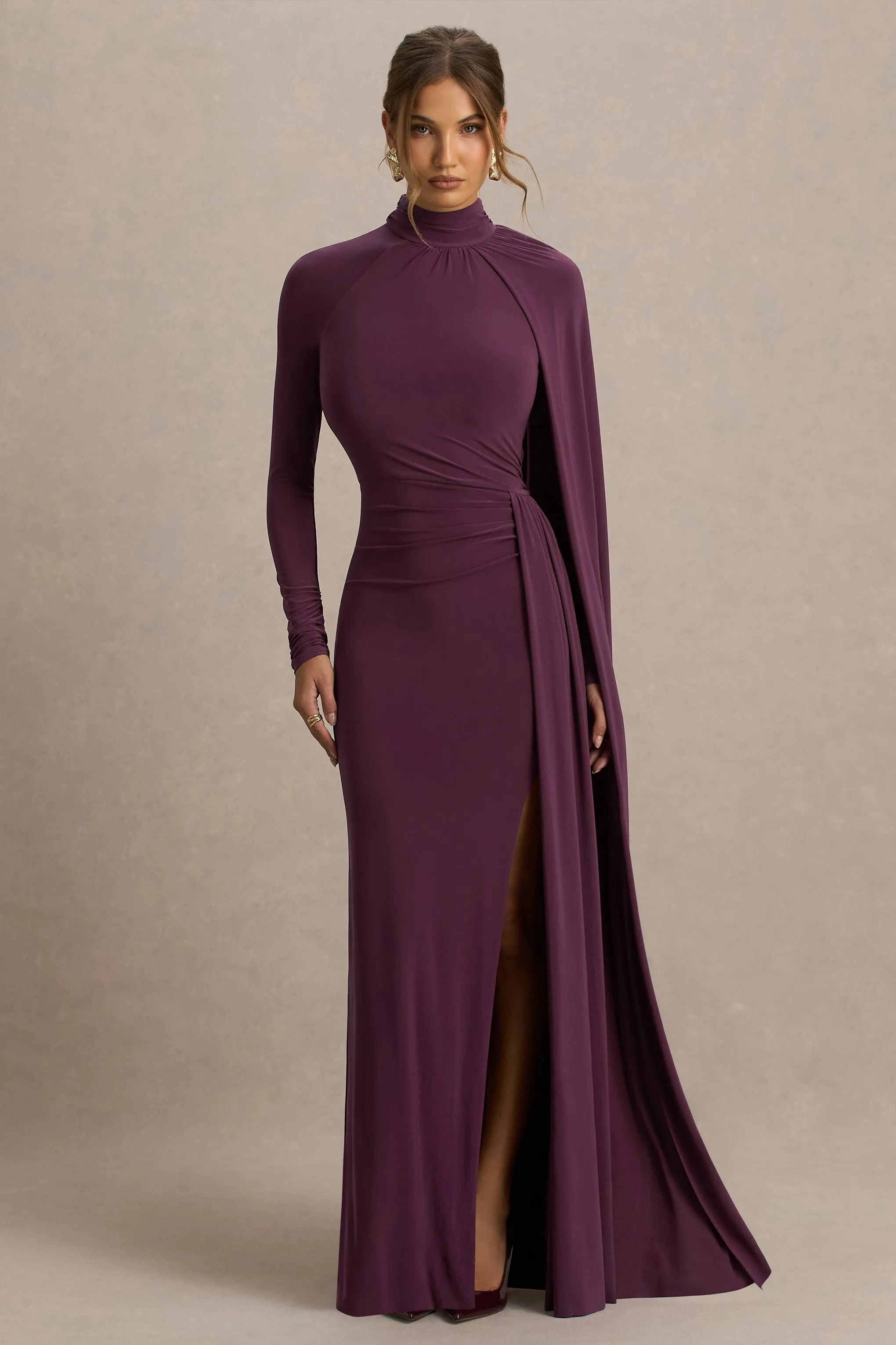 Anticipation | Burgundy High-Neck Maxi Dress With Front Split And Ruched Detailing sold by Club L London product image thumbnail 3