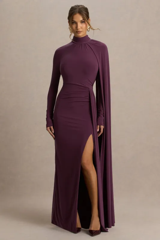 Anticipation | Burgundy High-Neck Maxi Dress With Front Split And Ruched Detailing sold by Club L London