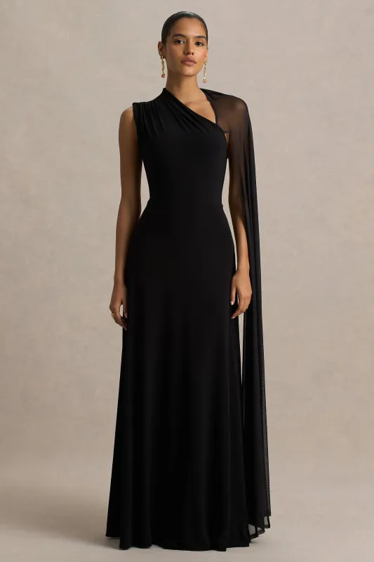Selena | Black High-Neck Maxi Dress With Cut-Out And Cape Sleeve Detail sold by Club L London