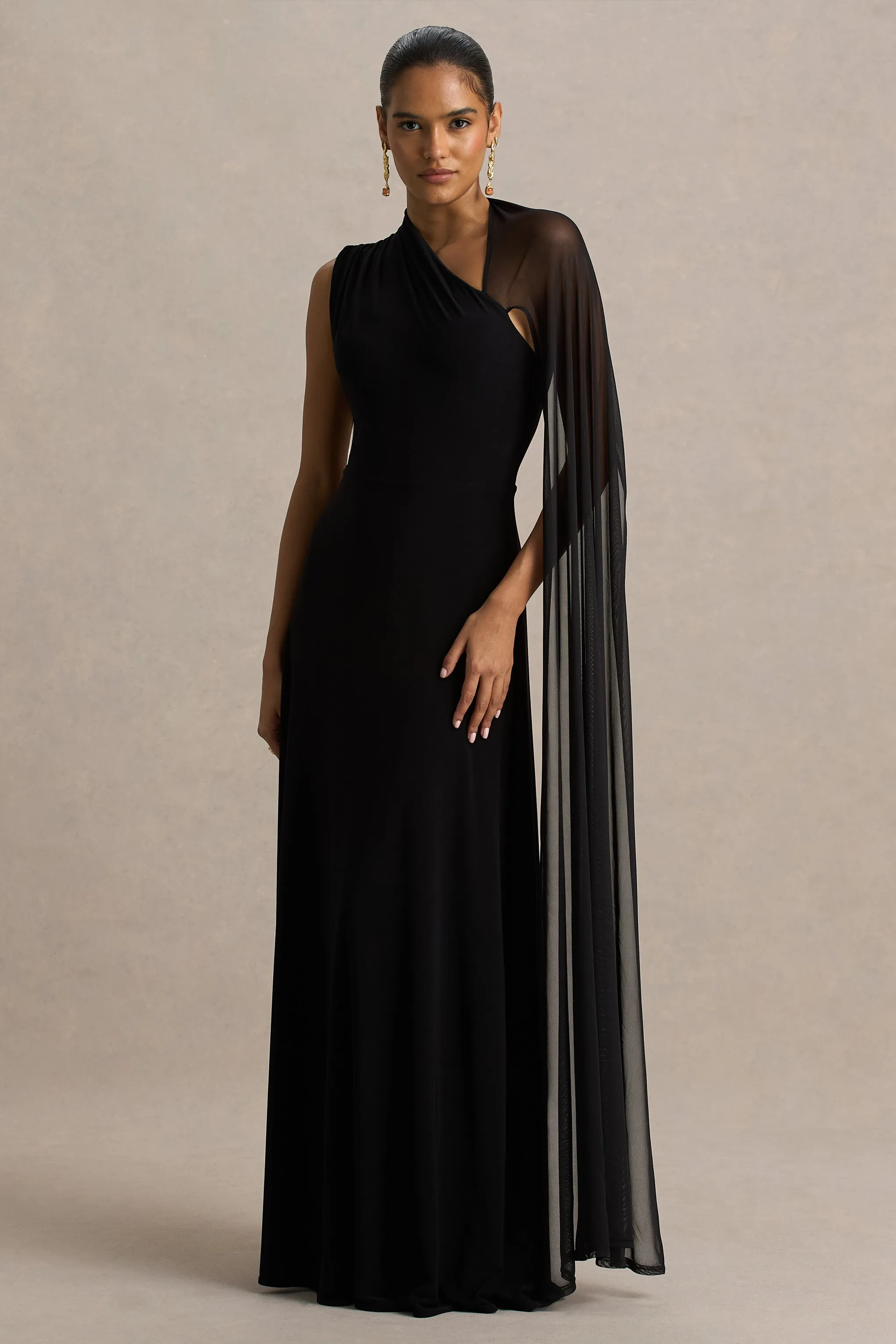 Selena | Black High-Neck Maxi Dress With Cut-Out And Cape Sleeve Detail sold by Club L London product image thumbnail 5