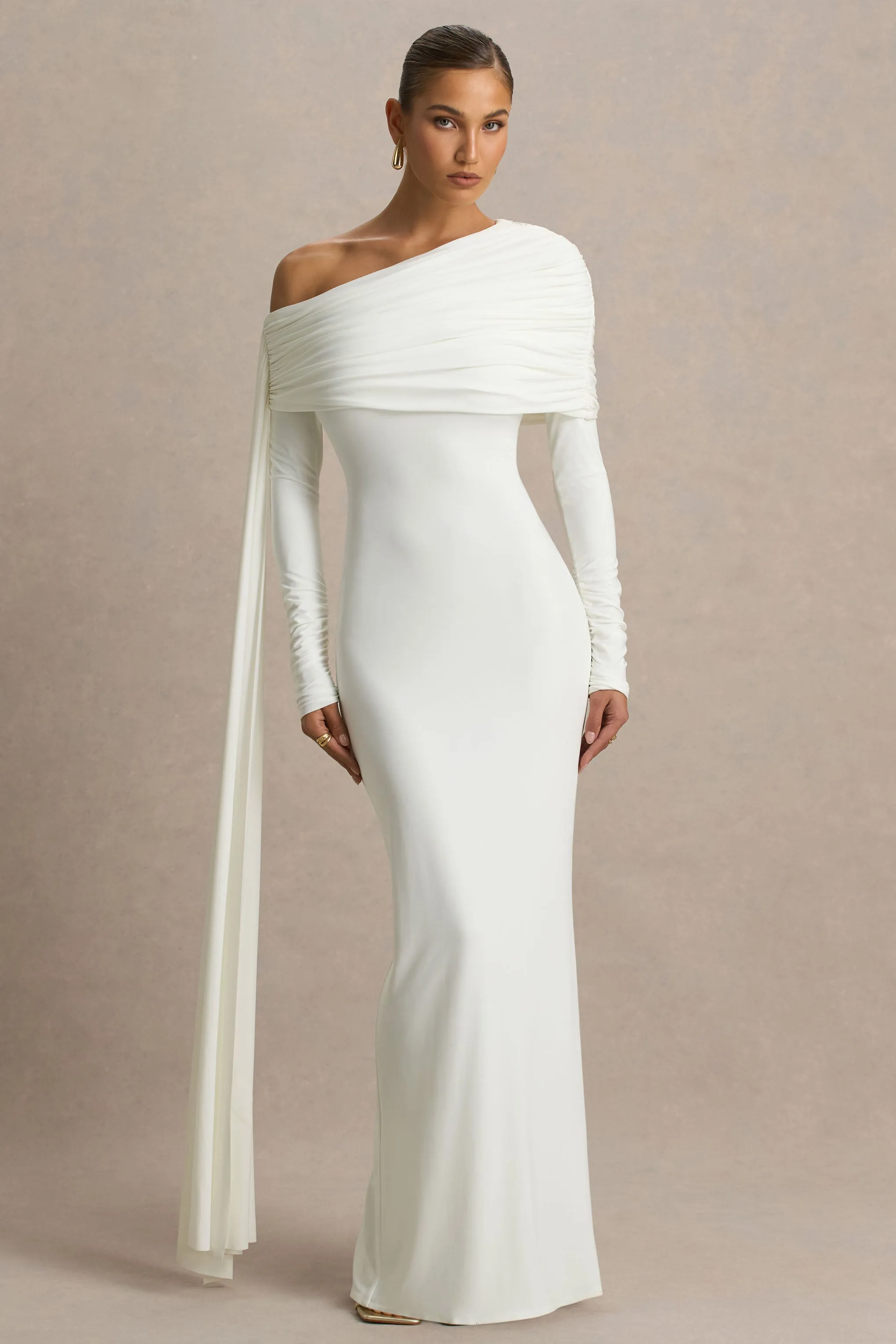 Octavia | Cream Bardot-Neck Maxi Dress With Sash And Ruched Detailing sold by Club L London