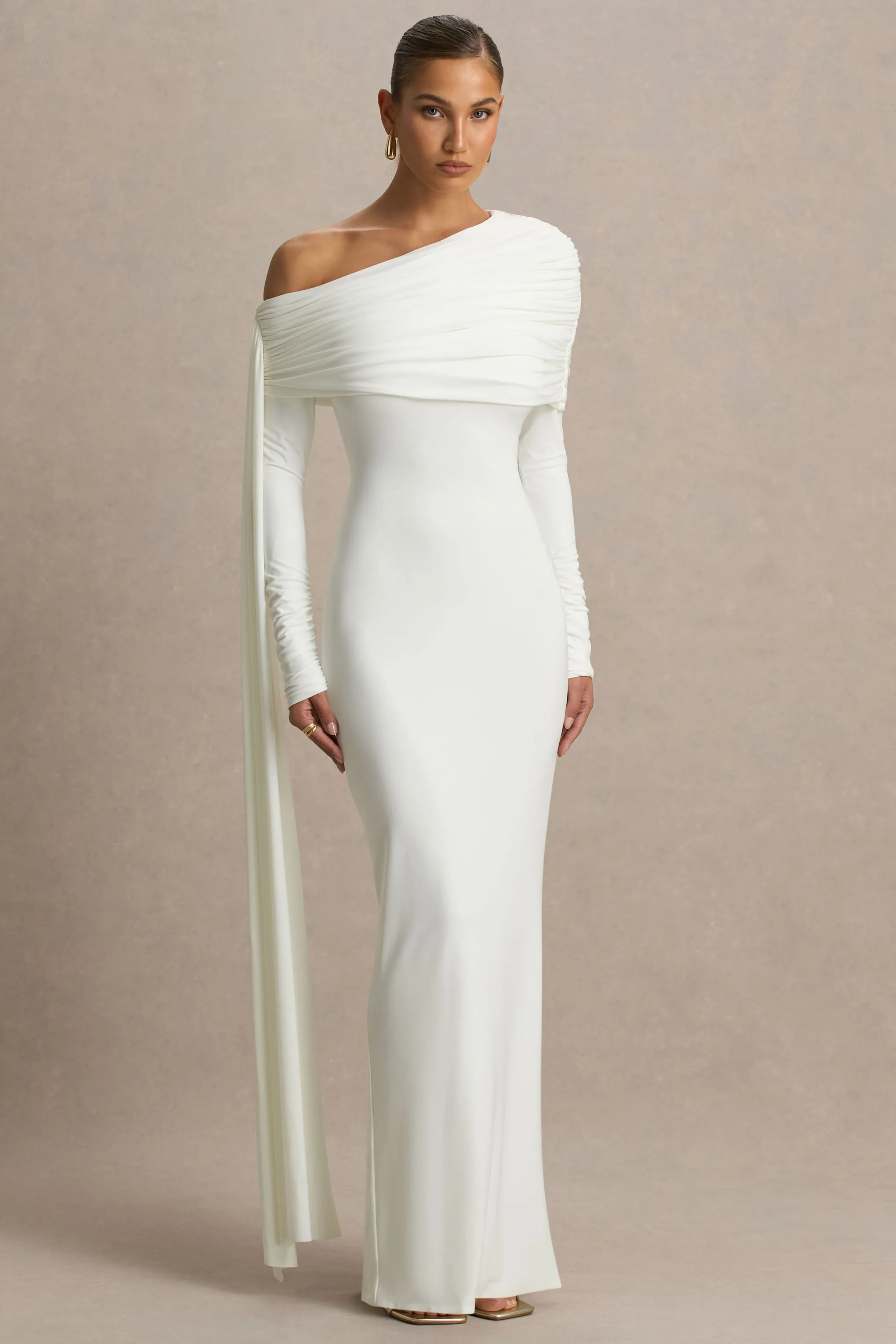 Octavia | Cream Bardot-Neck Maxi Dress With Sash And Ruched Detailing sold by Club L London product image thumbnail 5