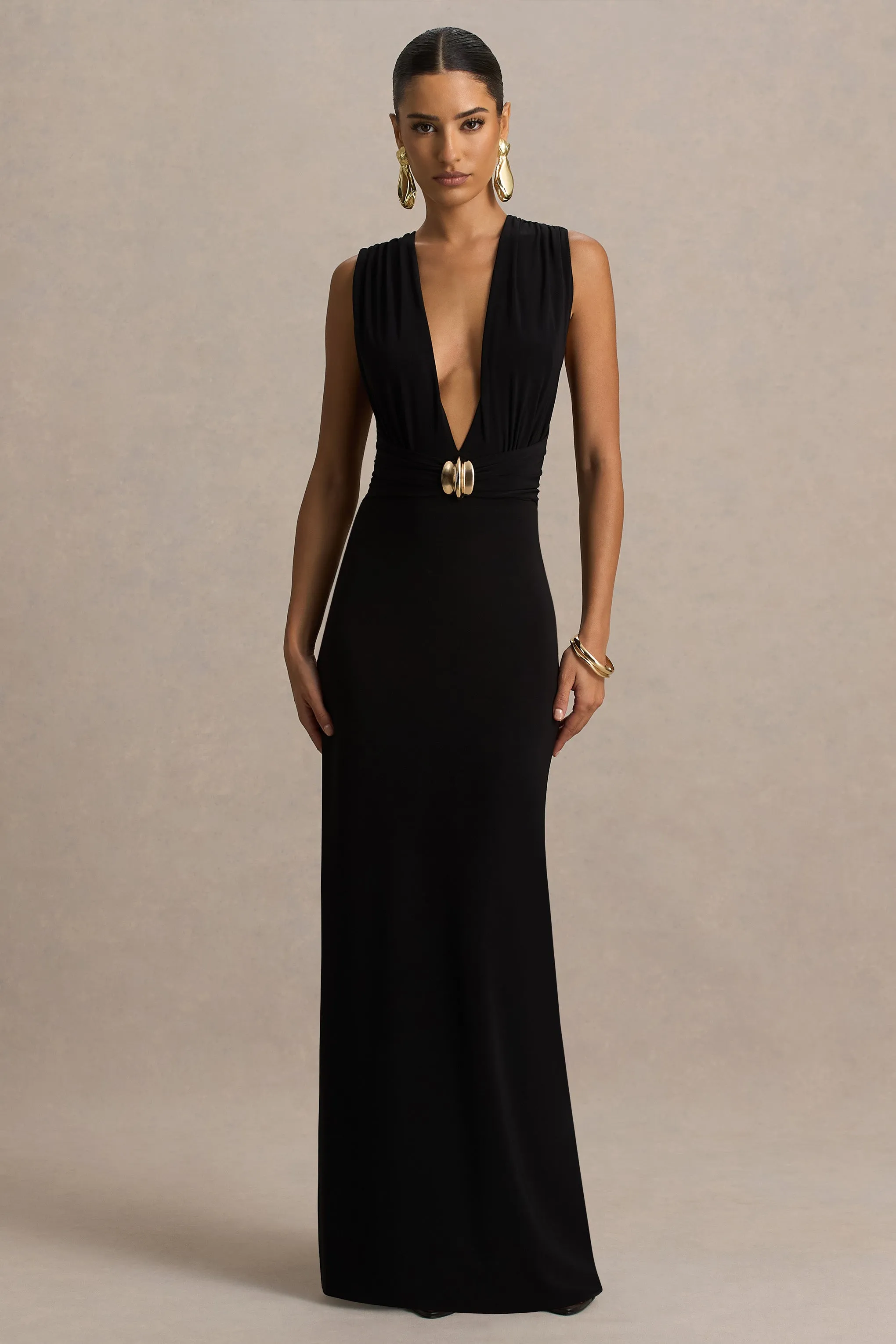 Alena | Black Extreme-Plunge Neck Maxi Dress With Gold Detail sold by Club L London