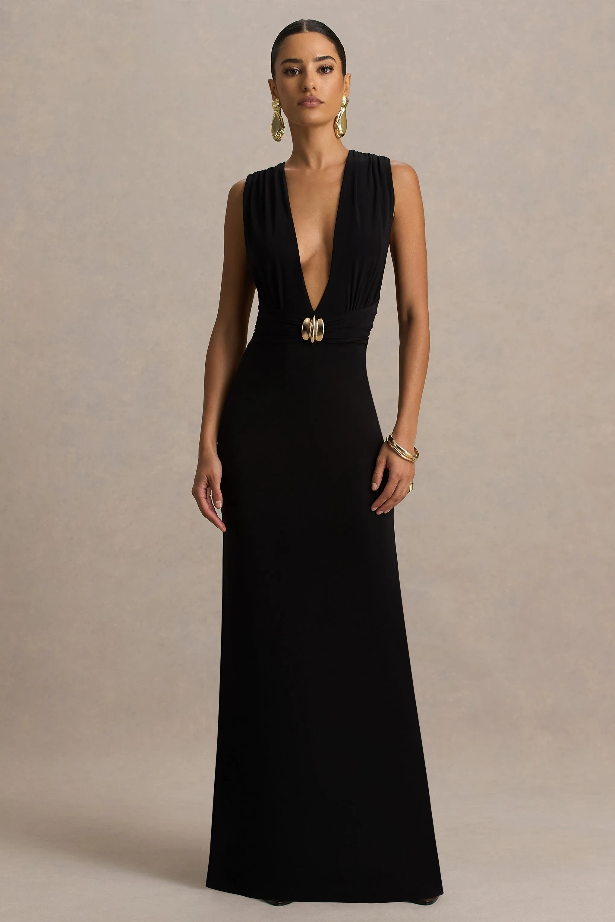 Alena | Black Extreme-Plunge Neck Maxi Dress With Gold Detail sold by Club L London product image thumbnail 5