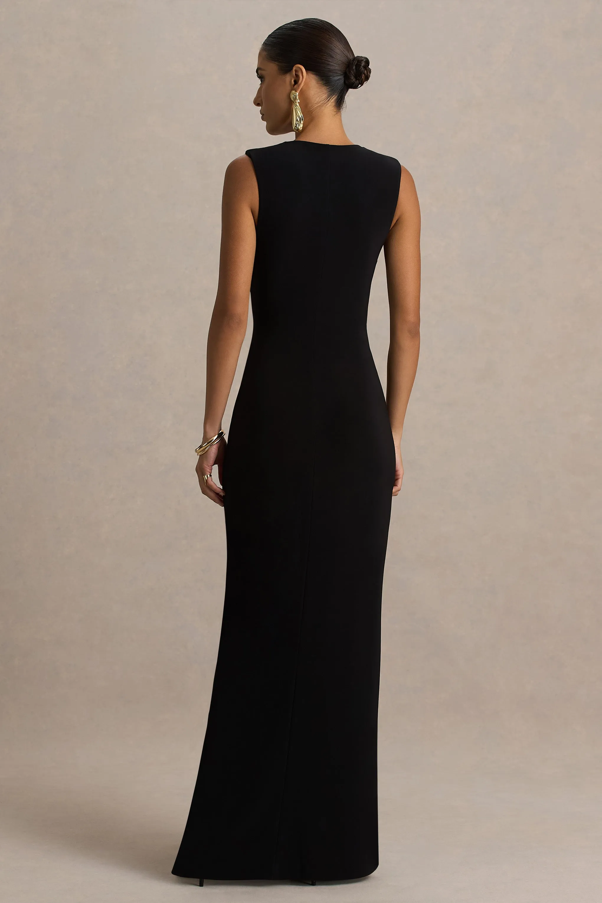 Alena | Black Extreme-Plunge Neck Maxi Dress With Gold Detail sold by Club L London product image thumbnail 2