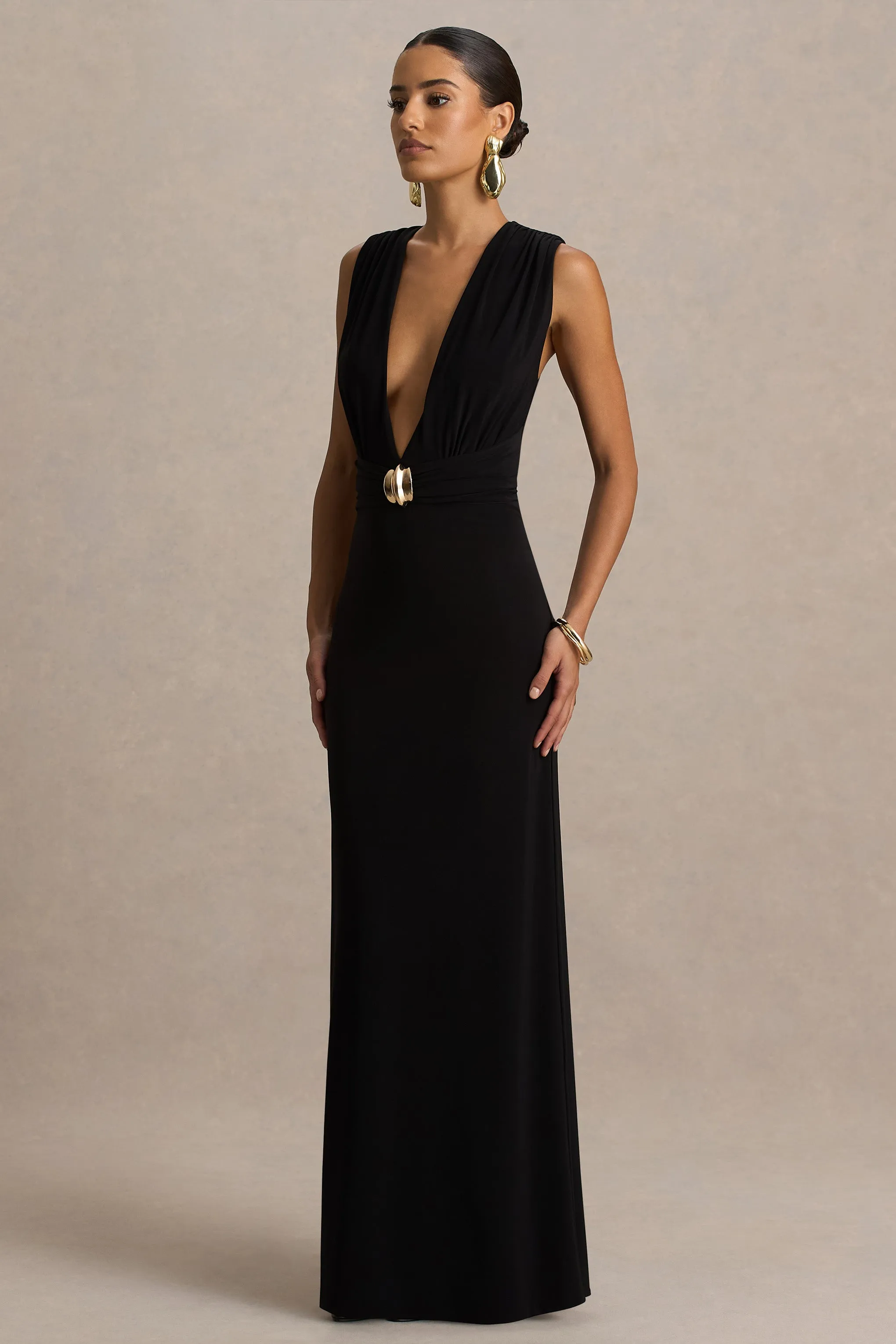 Alena | Black Extreme-Plunge Neck Maxi Dress With Gold Detail sold by Club L London product image thumbnail 3