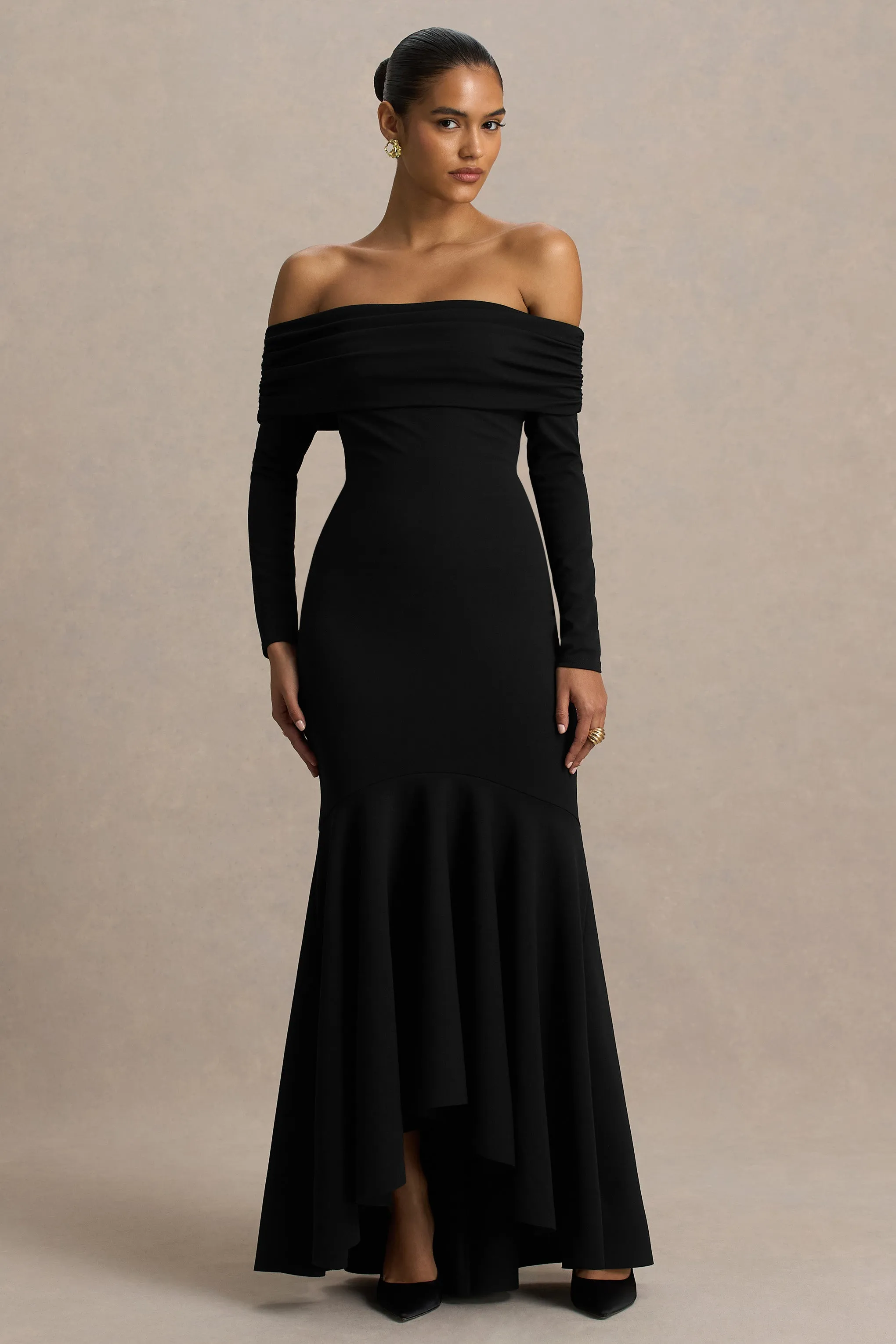 Everlasting | Black Bardot-Neck Maxi Dress With Drop Waist sold by Club L London