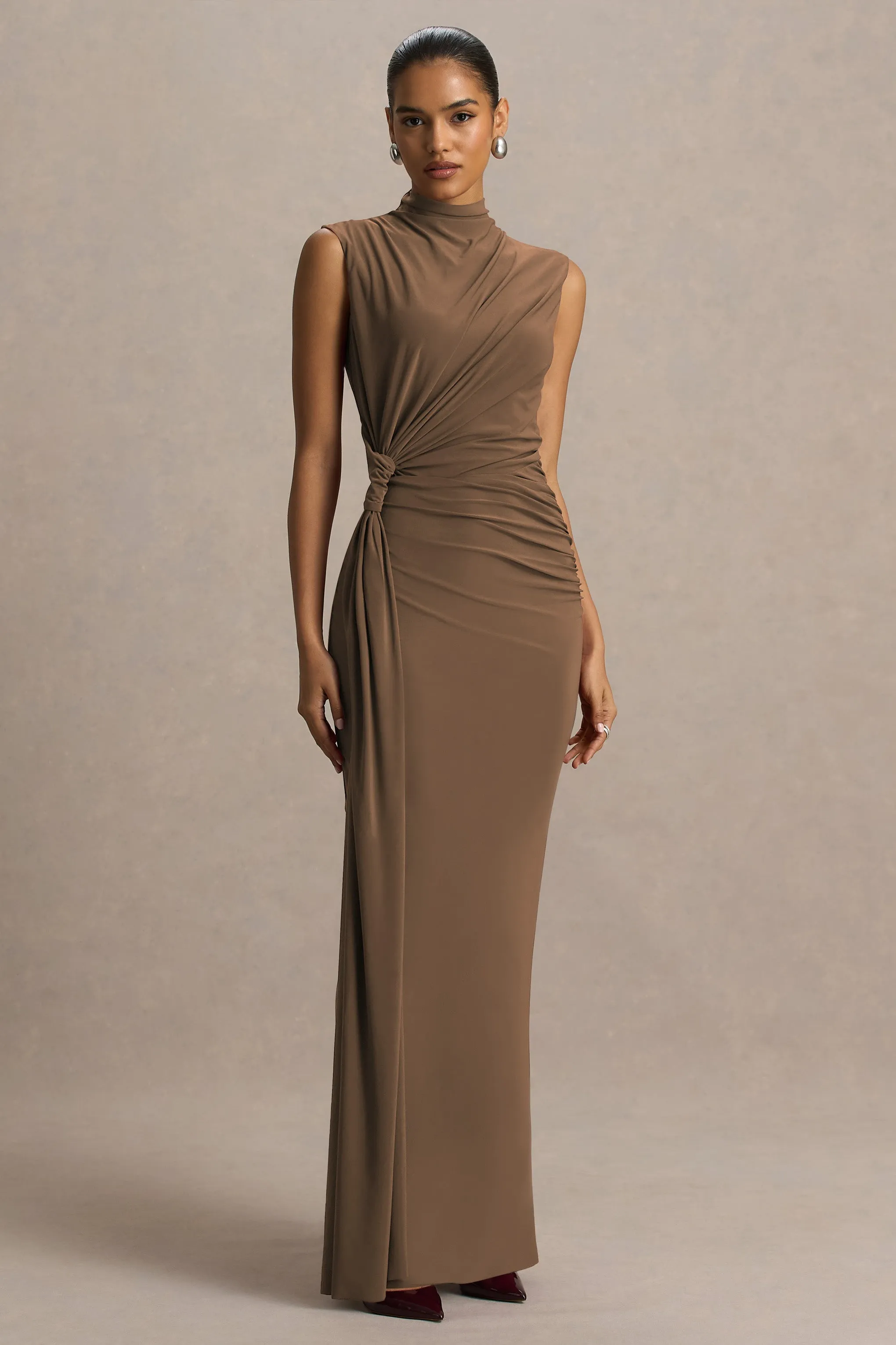 Solene | Brown High-Neck Maxi Dress With Wrap And Drape Detail sold by Club L London product image thumbnail 5