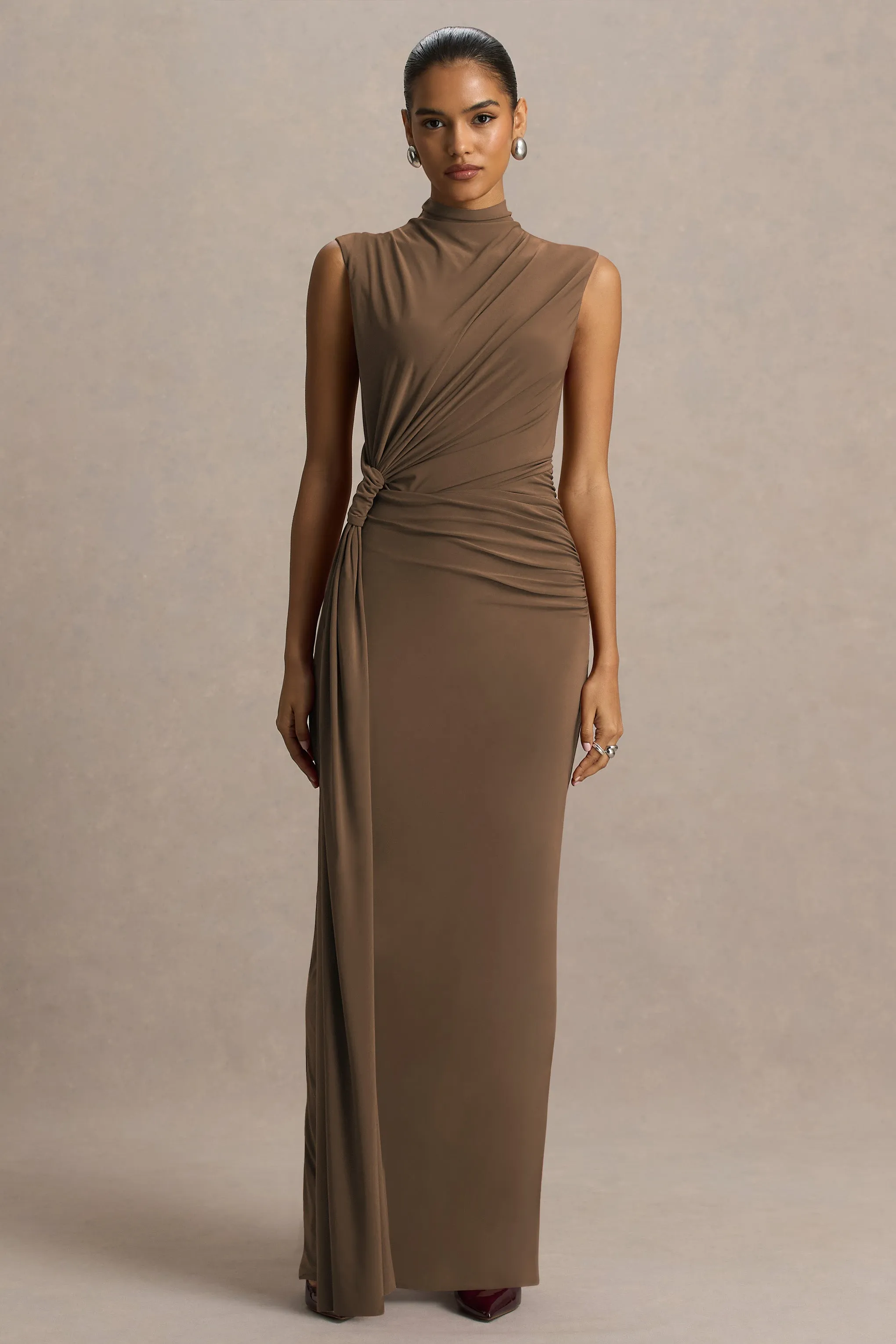 Solene | Brown High-Neck Maxi Dress With Wrap And Drape Detail sold by Club L London product image thumbnail 3