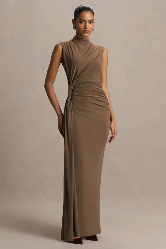 Solene | Brown High-Neck Maxi Dress With Wrap And Drape Detail sold by Club L London