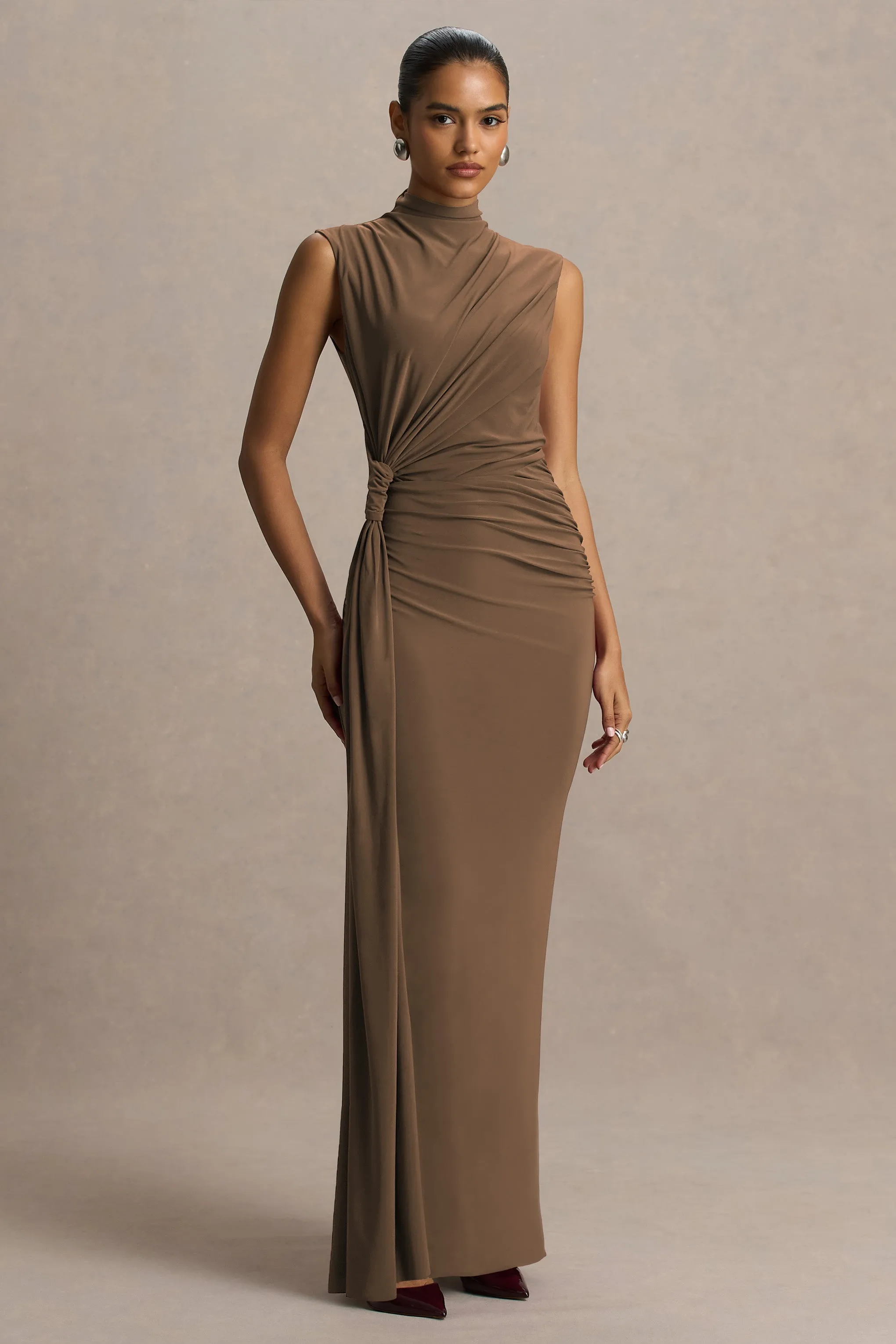 Solene | Brown High-Neck Maxi Dress With Wrap And Drape Detail sold by Club L London