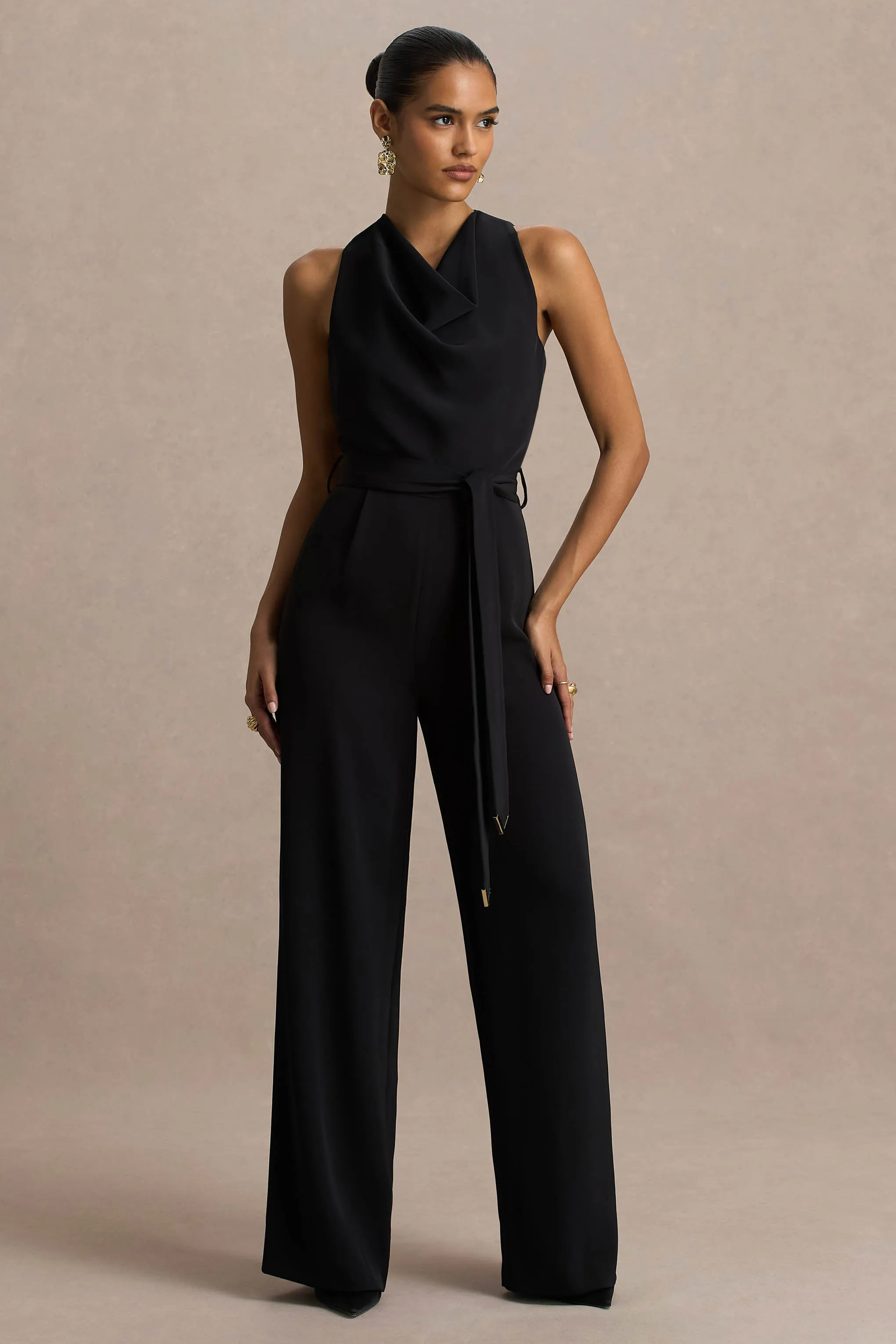 Corina | Black Cowl-Neck Jumpsuit With Tie-Detail sold by Club L London