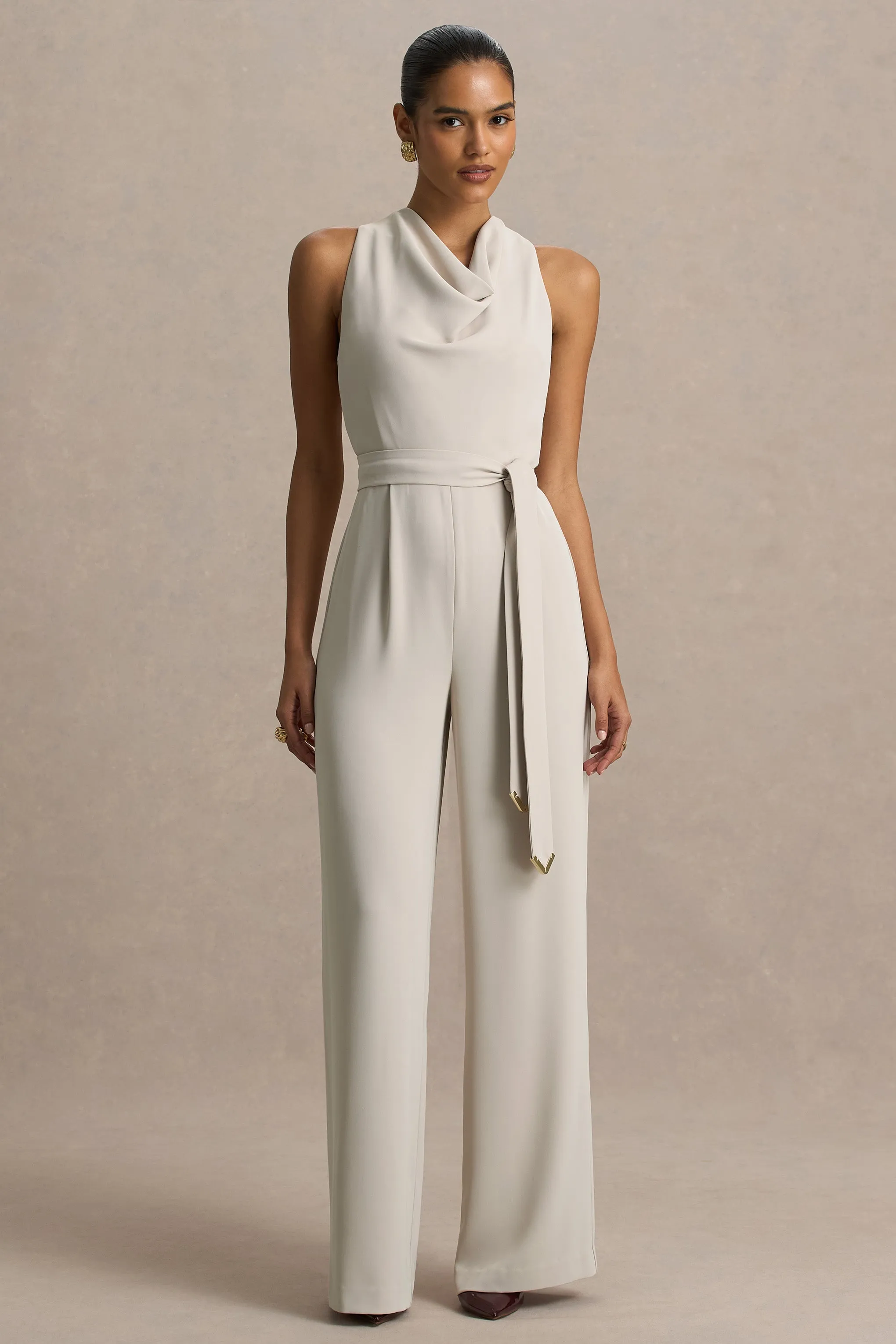 Corina | Nude Cowl-Neck Jumpsuit With Tie-Detail sold by Club L London