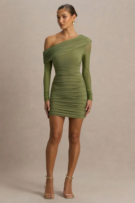 Gina | Olive Asymmetric-Neck Ruched Mini Dress sold by Club L London