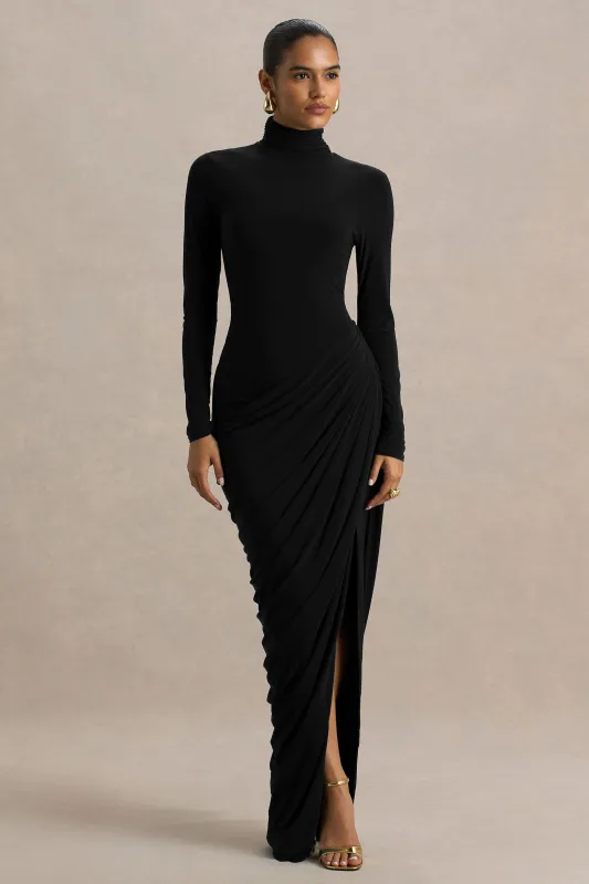 Betsy | Black High-Neck Maxi Dress With Front Split And Ruched Detailing sold by Club L London