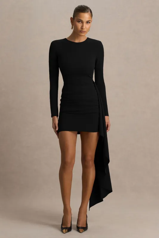 Zaya | Black Long Sleeve Mini Dress With Drape sold by Club L London