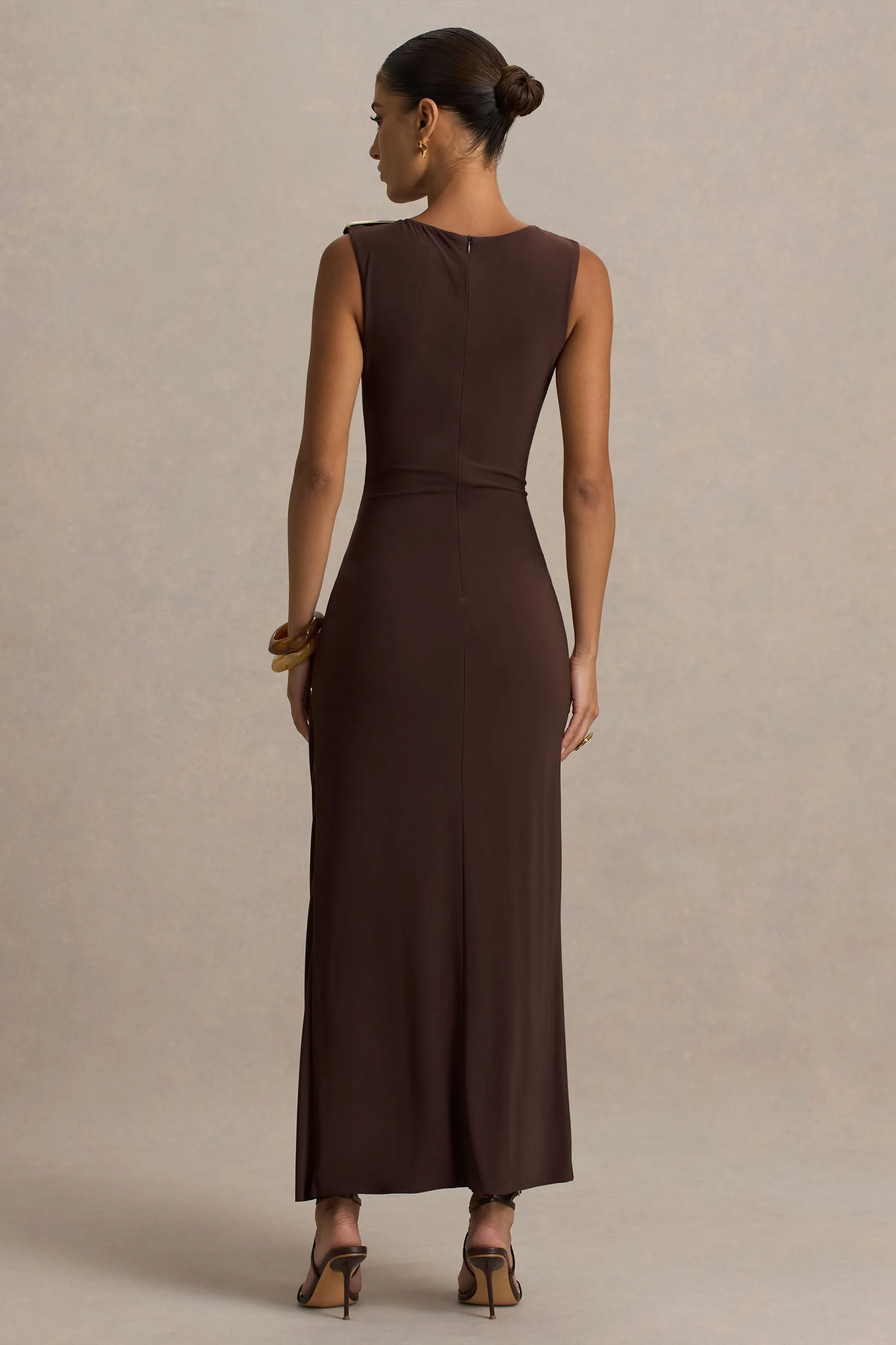 Fiora | Brown High-Neck Maxi Dress With Metal Detail sold by Club L London product image thumbnail 2