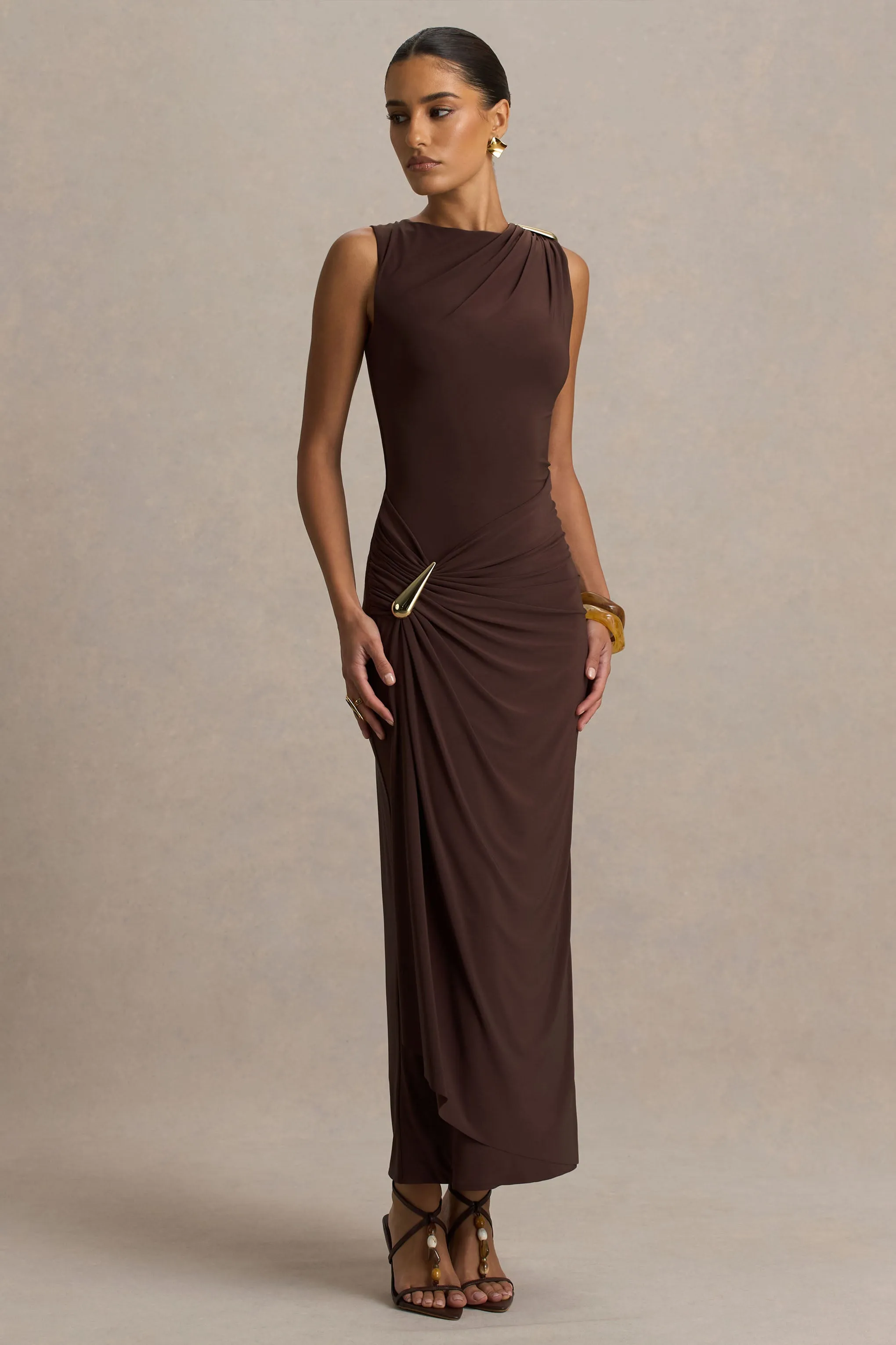 Fiora | Brown High-Neck Maxi Dress With Metal Detail sold by Club L London product image thumbnail 4
