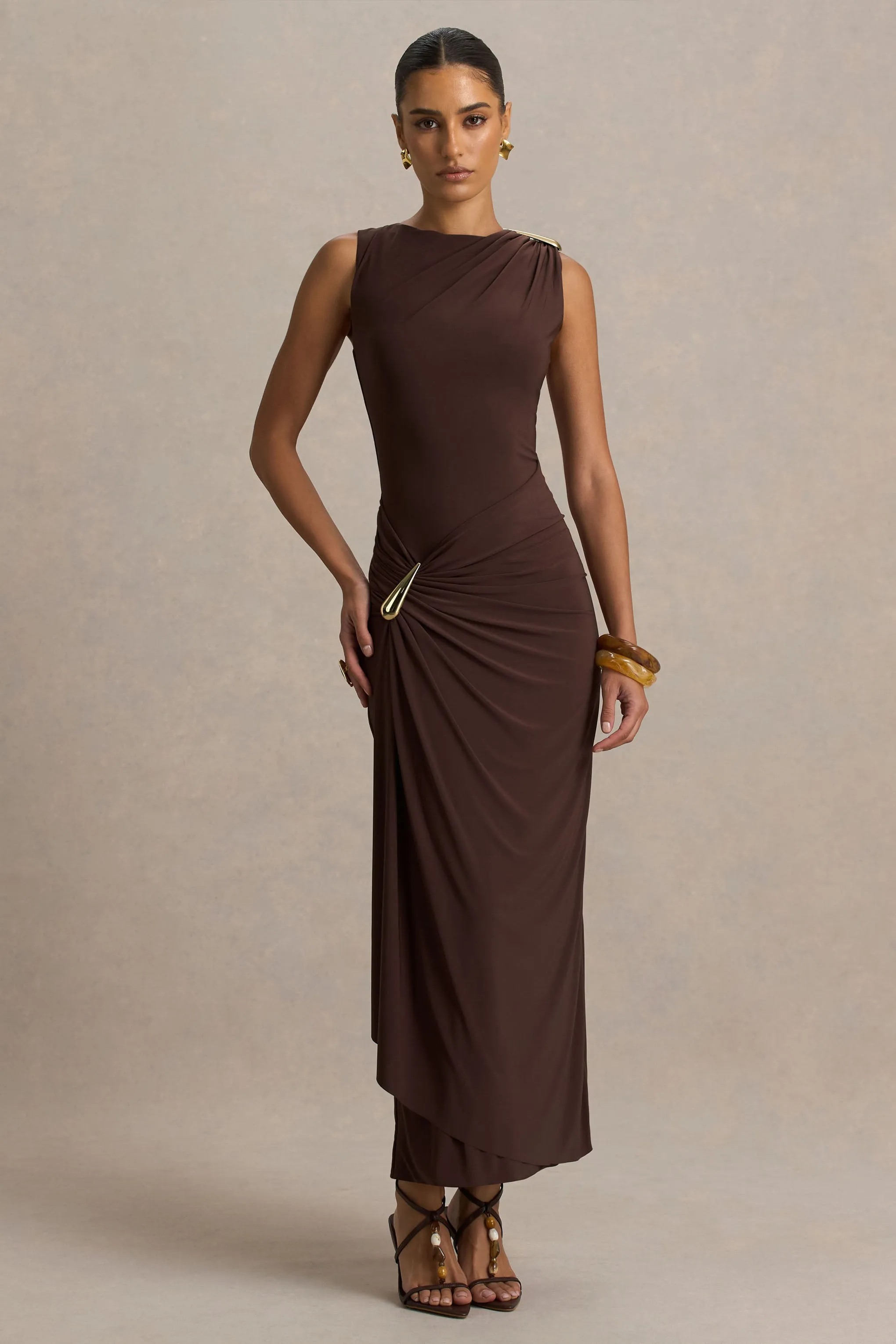 Fiora | Brown High-Neck Maxi Dress With Metal Detail sold by Club L London