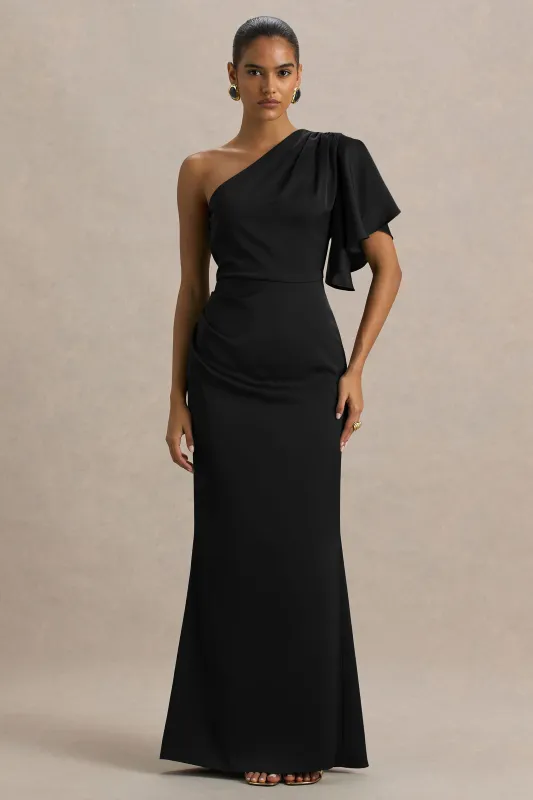 Unforgettable | Black Asymmetric-Neck Maxi Dress With Ruched Detailing sold by Club L London