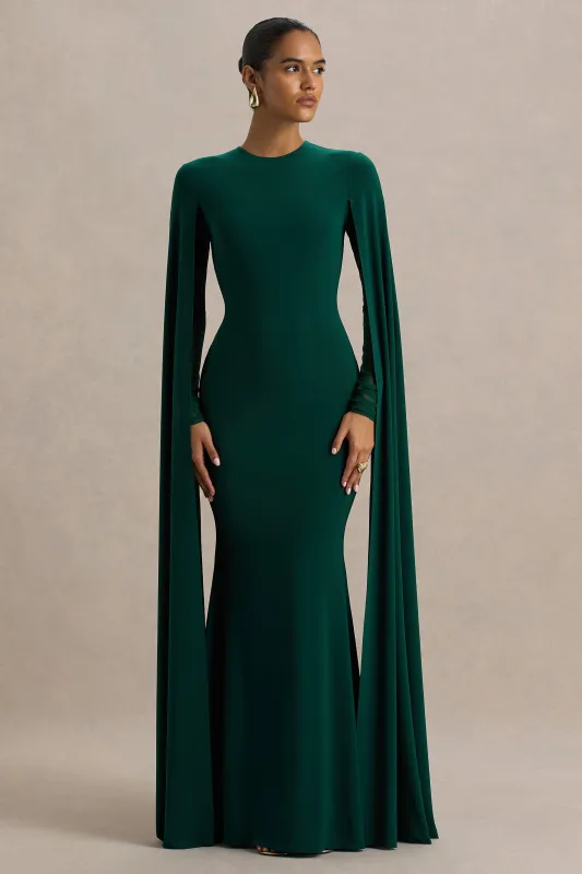 Isla | Bottle Green Crew-Neck Maxi Dress With Cape Sleeve sold by Club L London