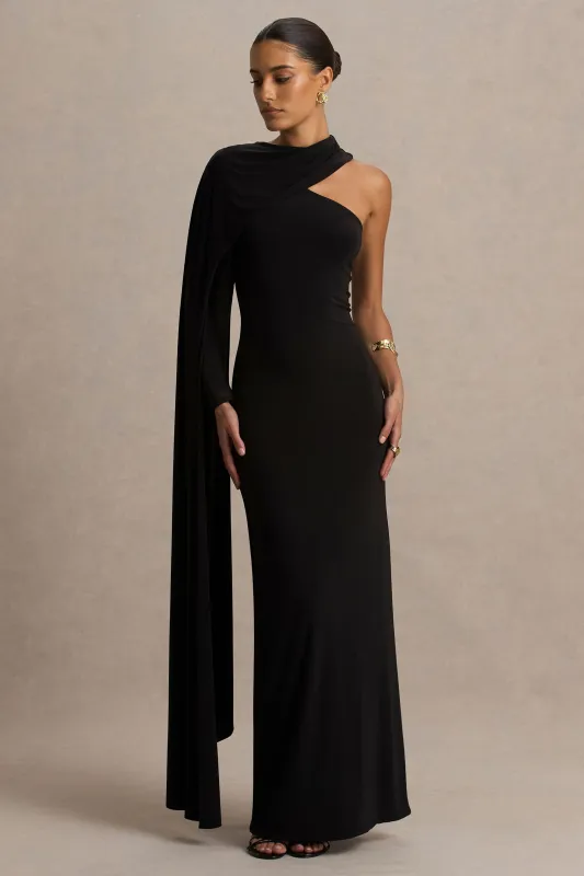Dawn | Black High-Neck Maxi Dress With One Long-Sleeve And Cape made by Club L London
