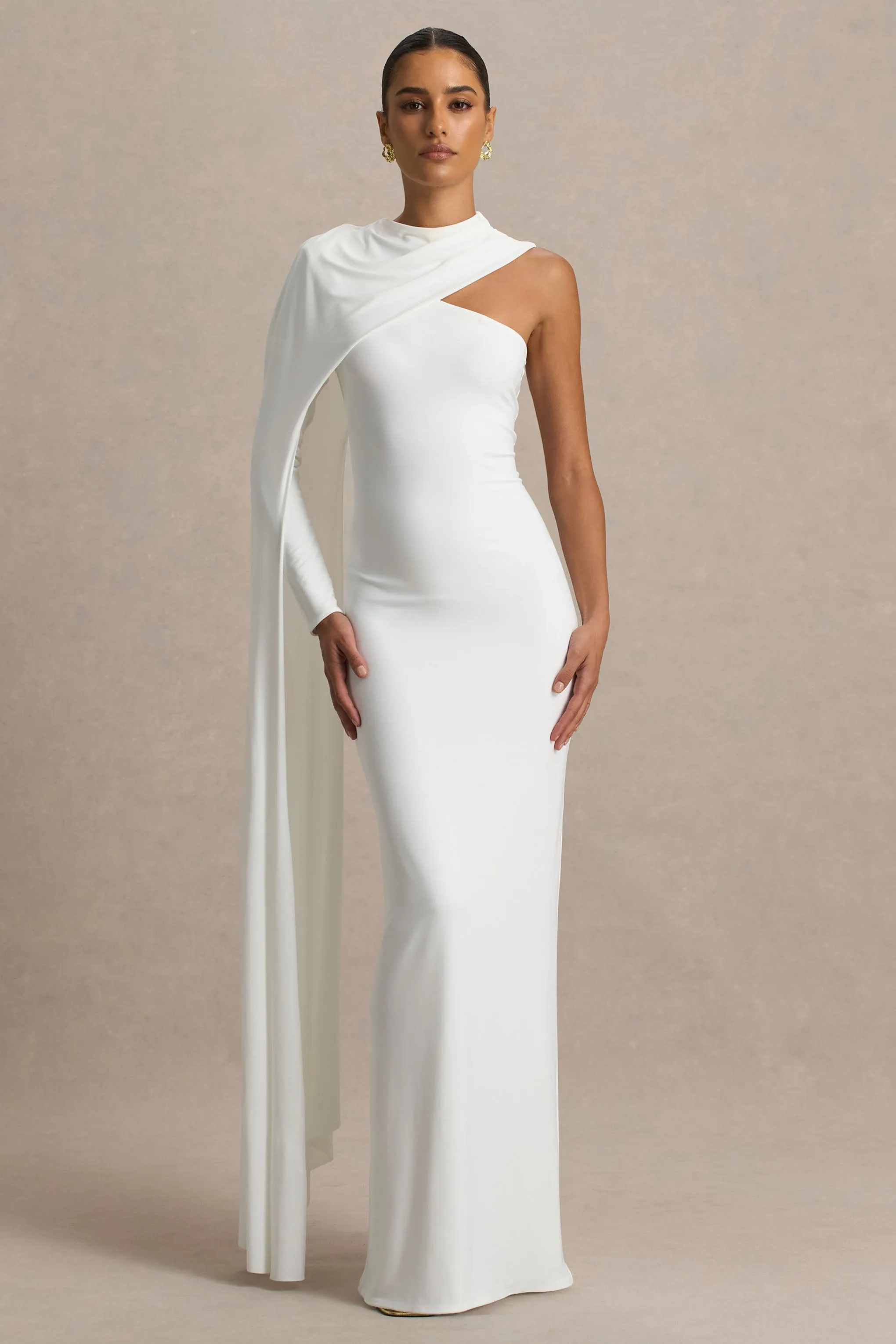 Dawn | Cream High-Neck Maxi Dress With One Long-Sleeve And Cape sold by Club L London product image thumbnail 5